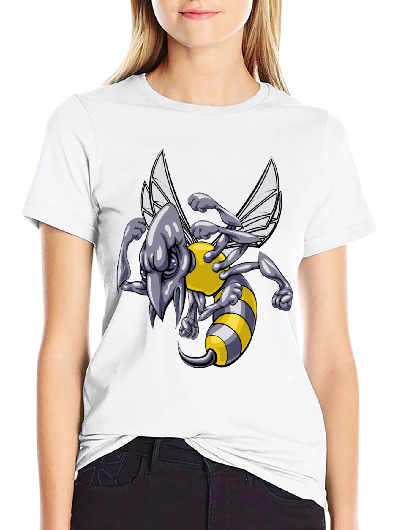 Mens Black T-Shirt with Angry Bee Cartoon Graphic