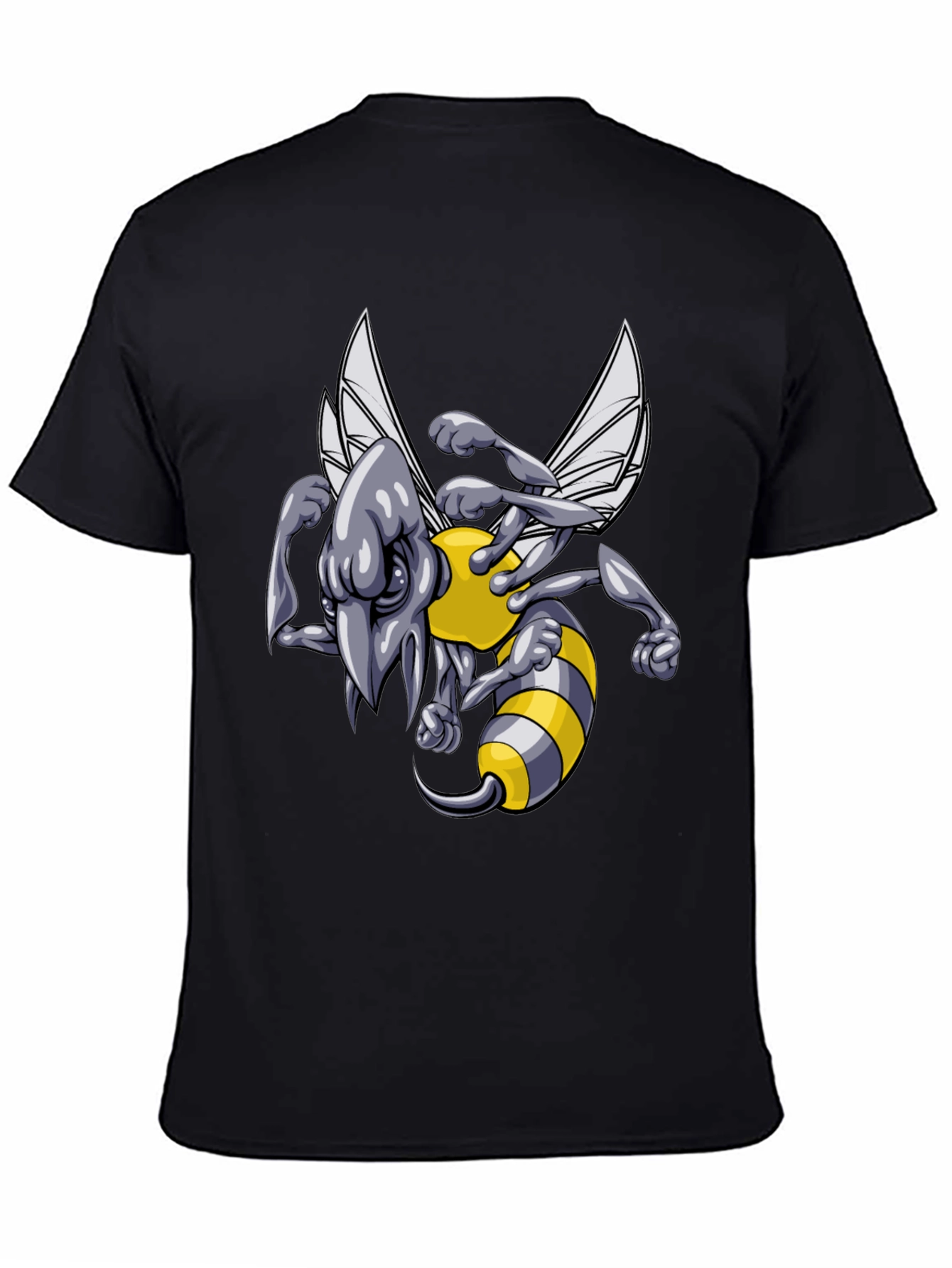 Mens Black T-Shirt with Angry Bee Cartoon Graphic