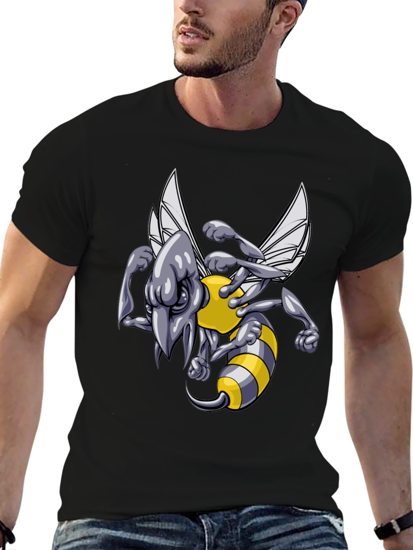 Mens Black T-Shirt with Angry Bee Cartoon Graphic