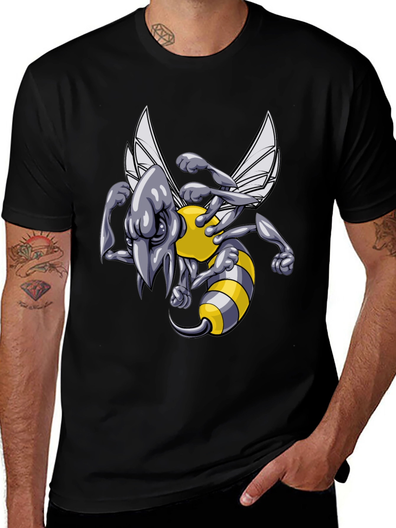 Mens Black T-Shirt with Angry Bee Cartoon Graphic