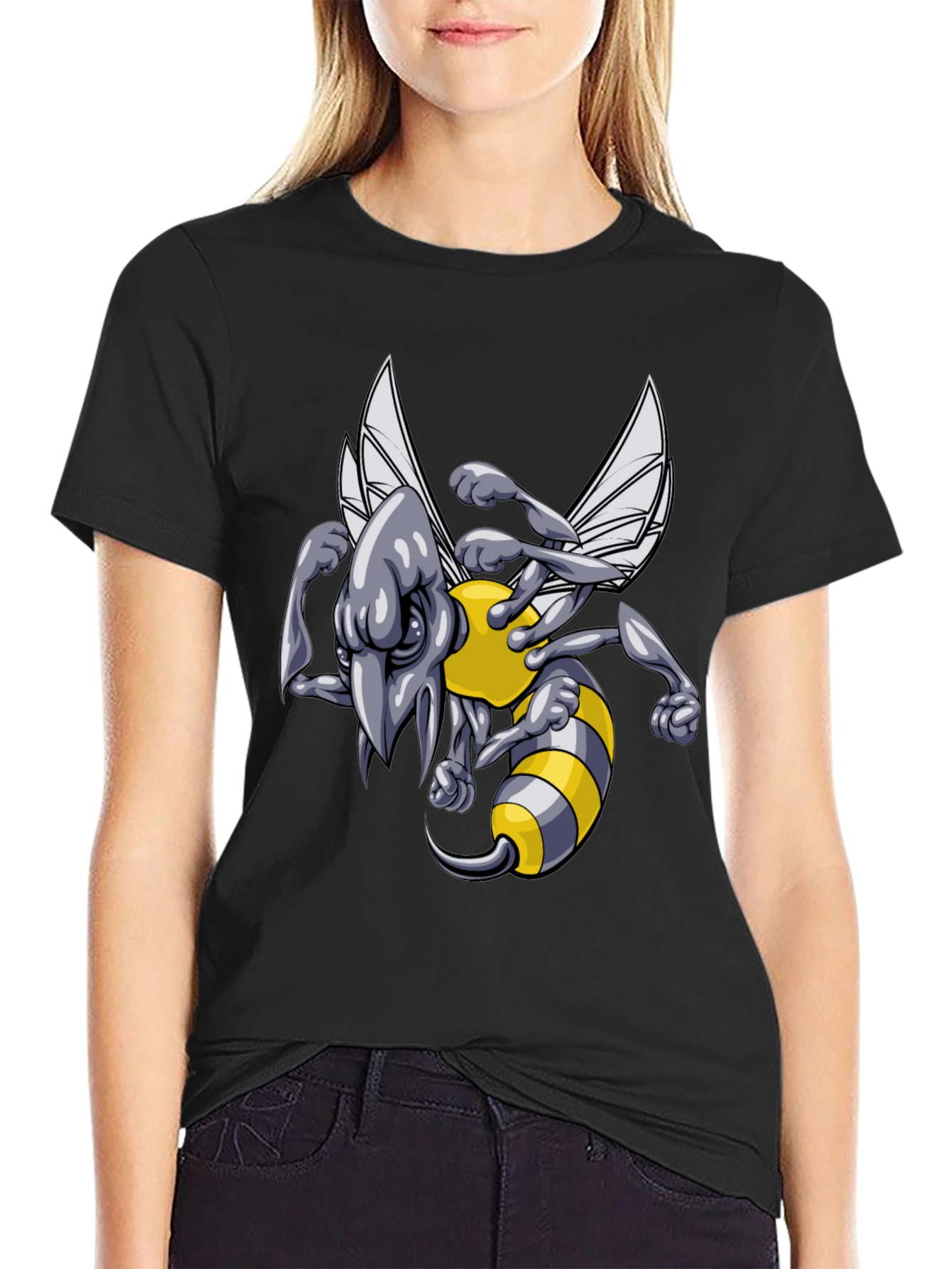 Mens Black T-Shirt with Angry Bee Cartoon Graphic
