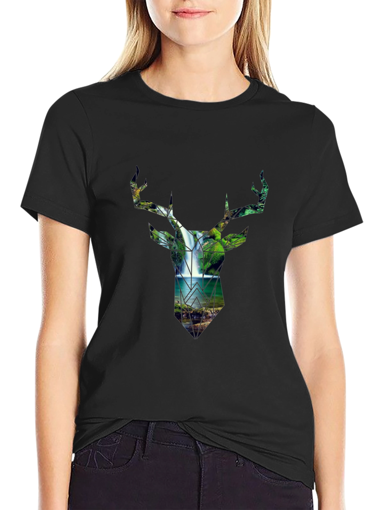 Deer Silhouette Waterfall Graphic Tee - Nature Lovers Shirt
