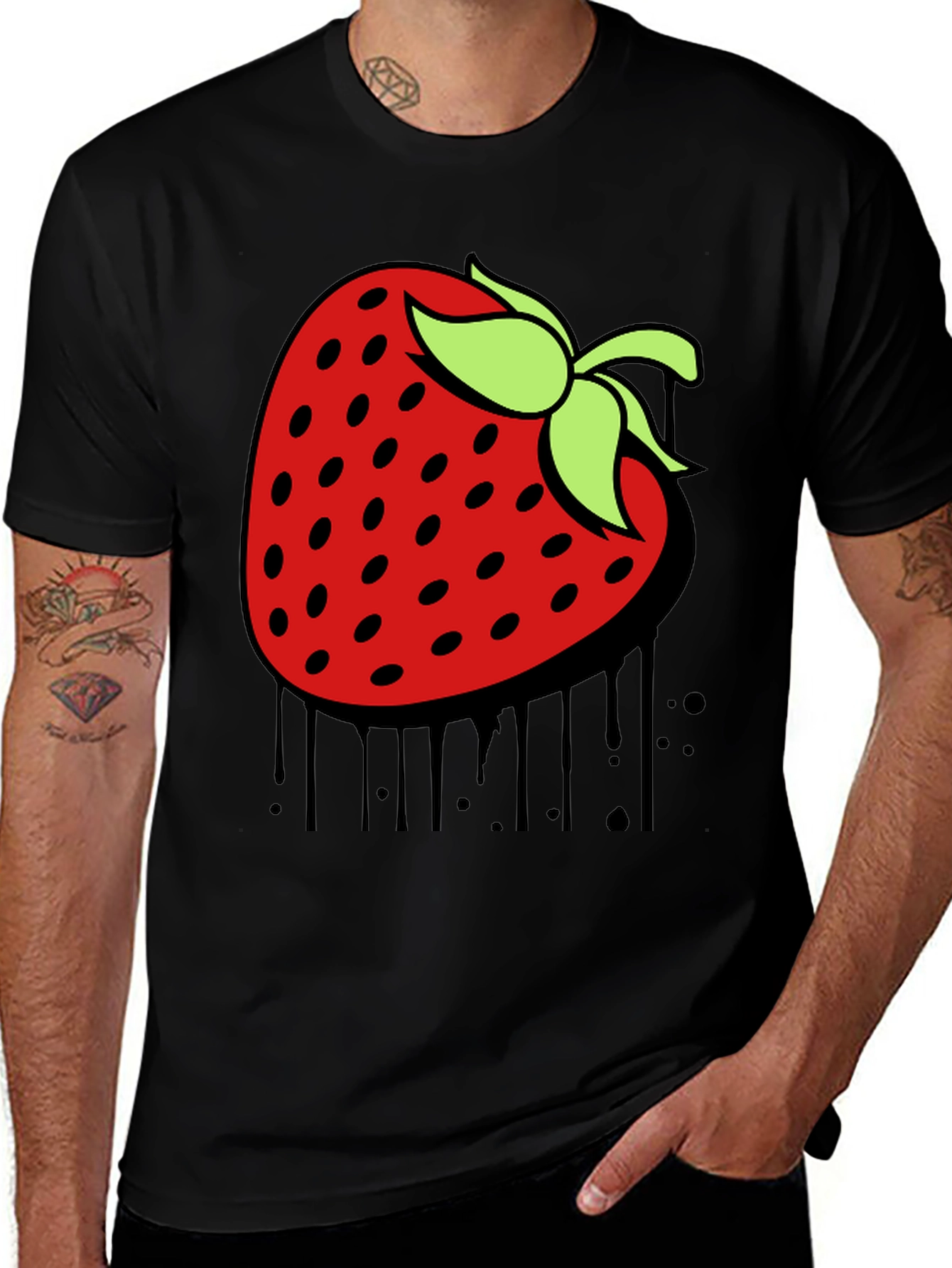 Strawberry Drip Graphic Tee - Unique Black T-Shirt