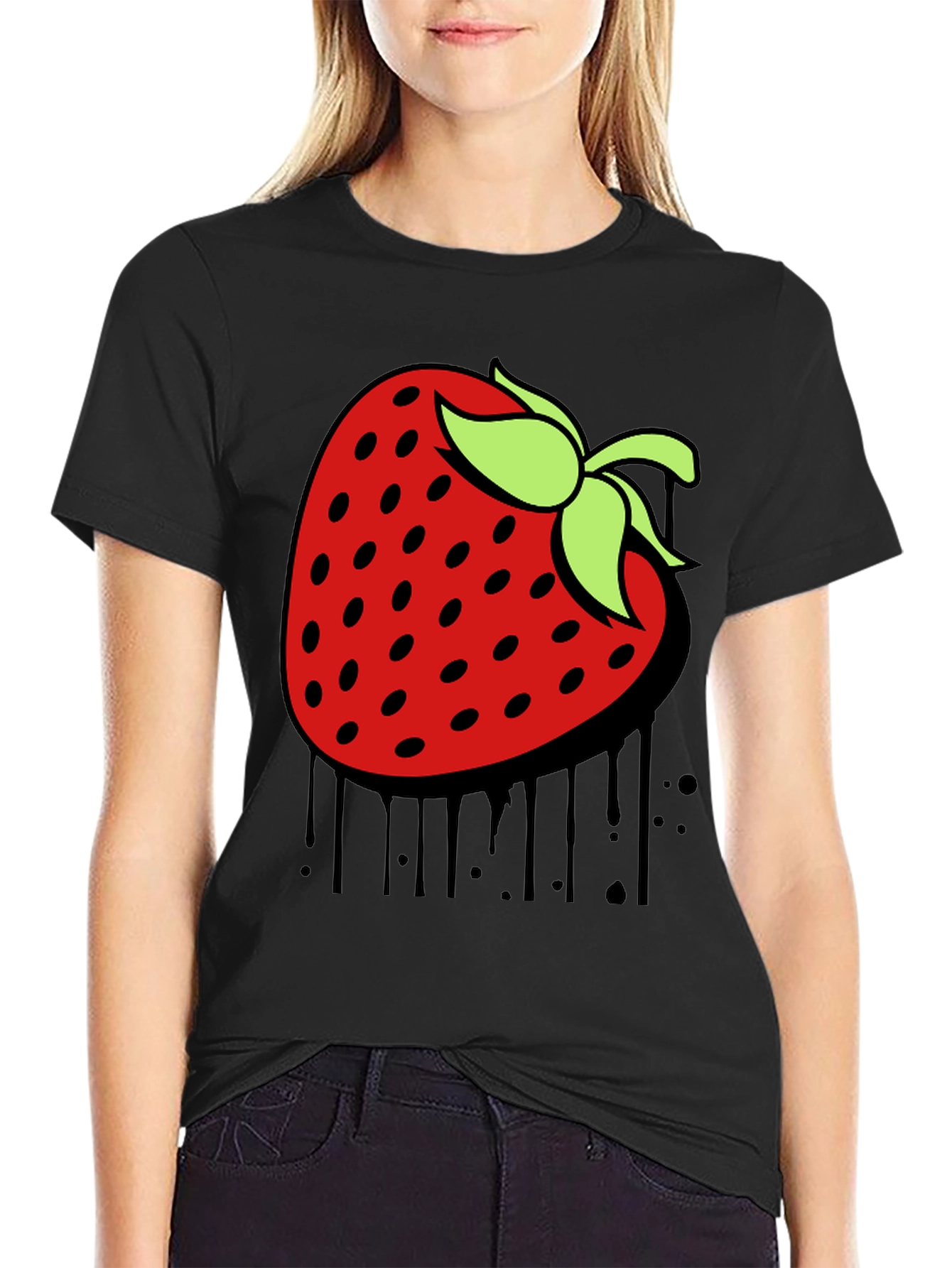 Strawberry Drip Graphic Tee - Unique Black T-Shirt