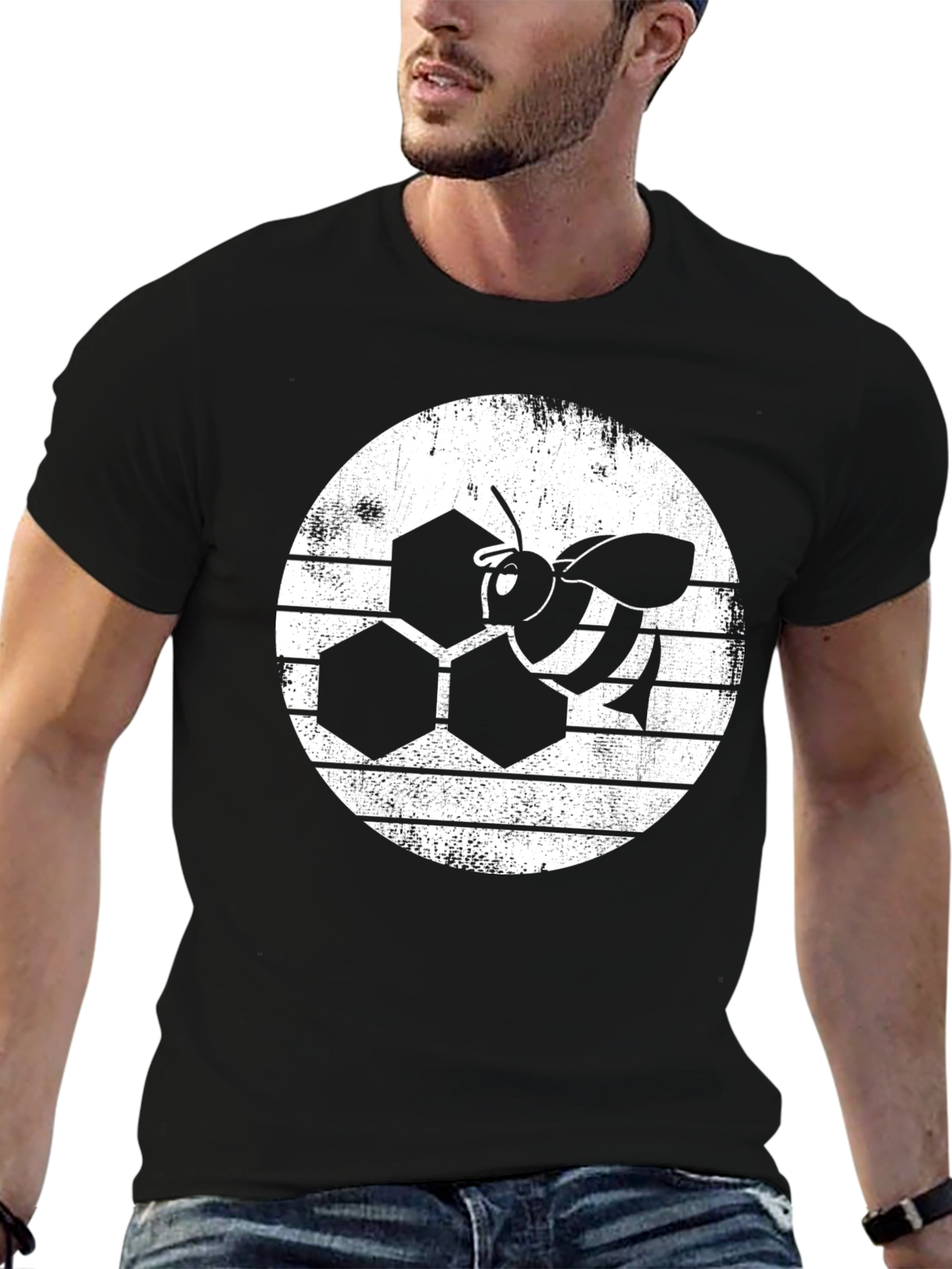 Honeycomb Bee Graphic T-Shirt - Black
