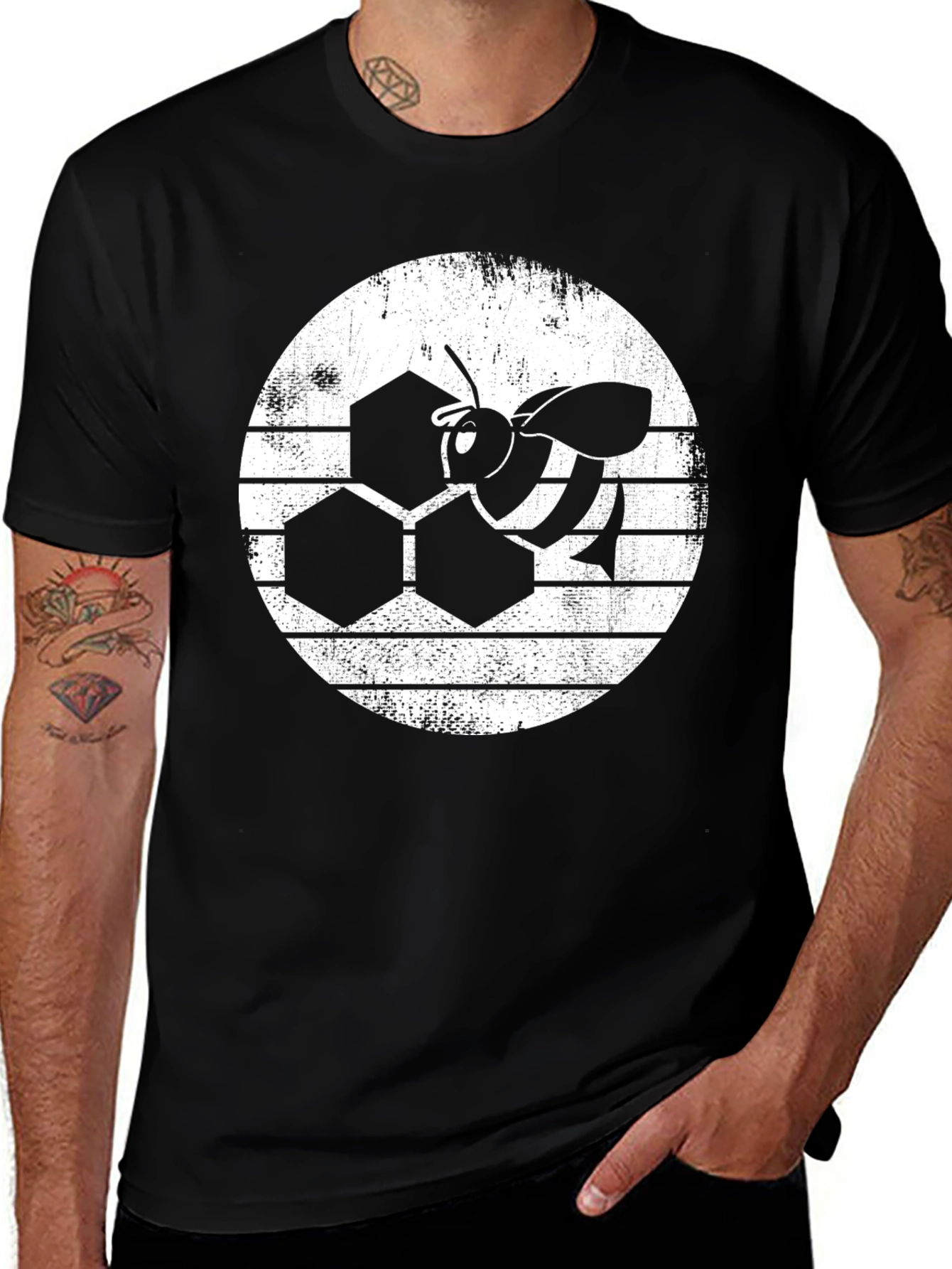 Honeycomb Bee Graphic T-Shirt - Black