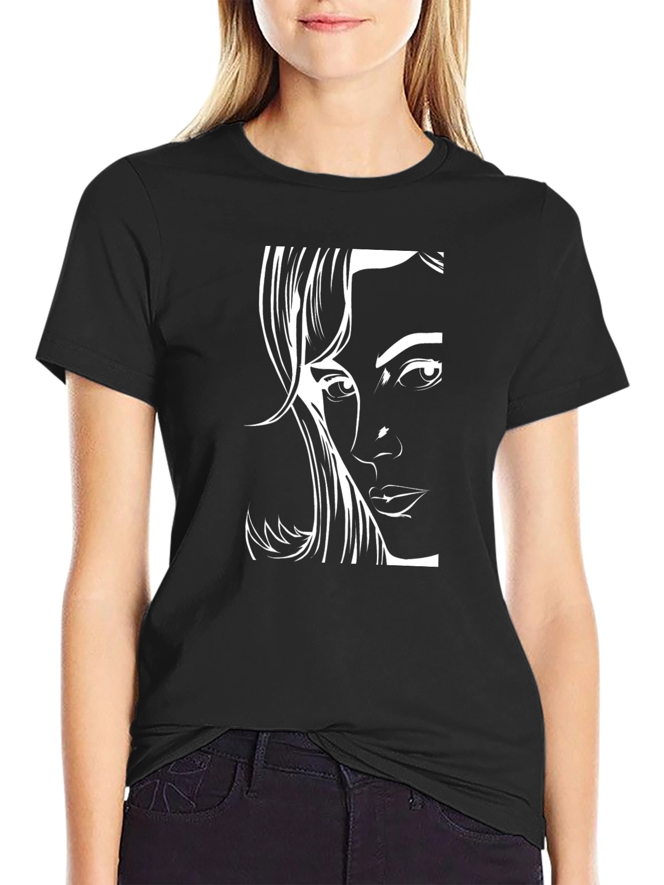 Black T-Shirt with Elegant Woman Face Design