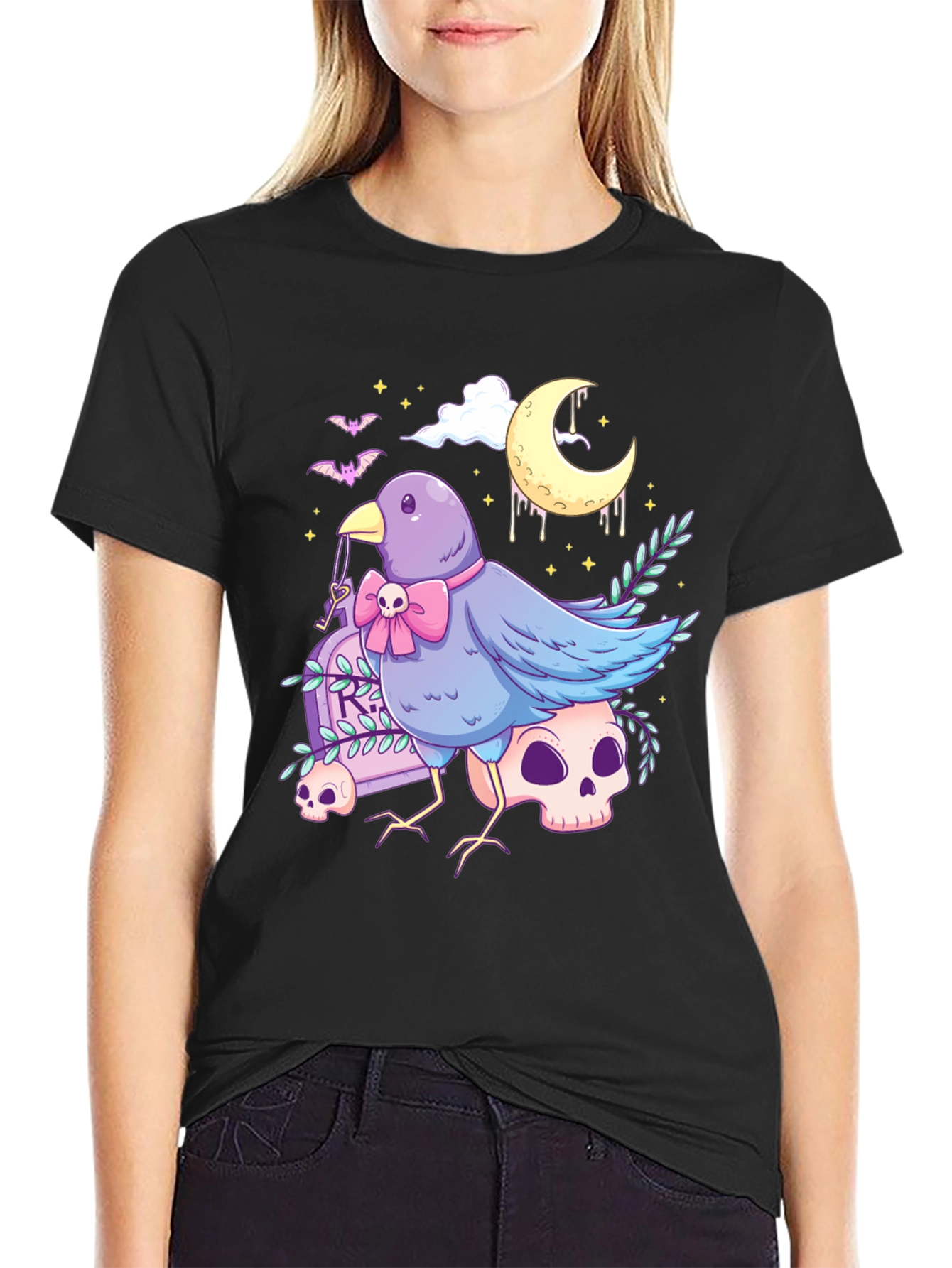 Gothic Bird Graphic Tee - Skull & Moon Design
