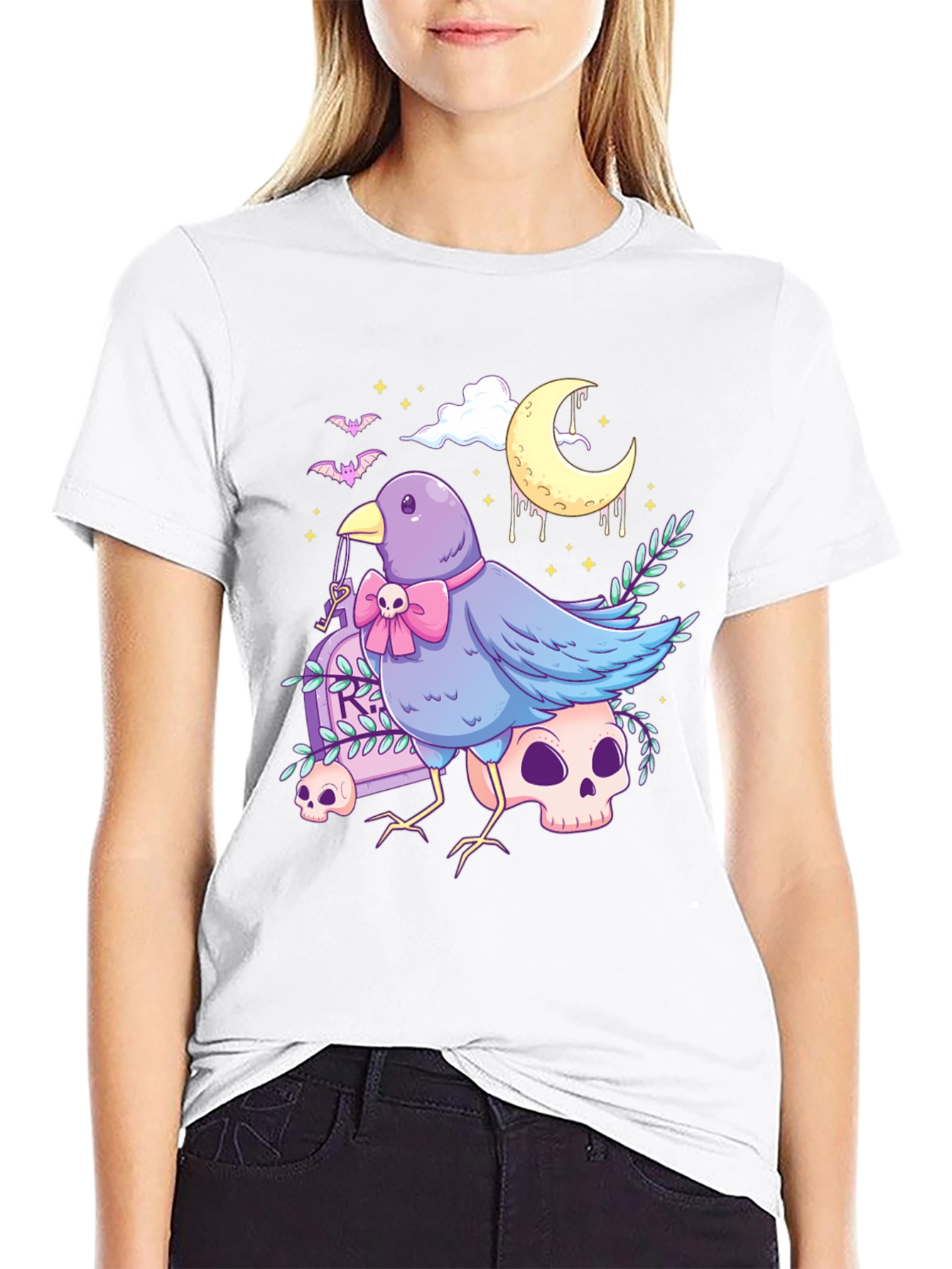 Gothic Bird Graphic Tee - Skull & Moon Design