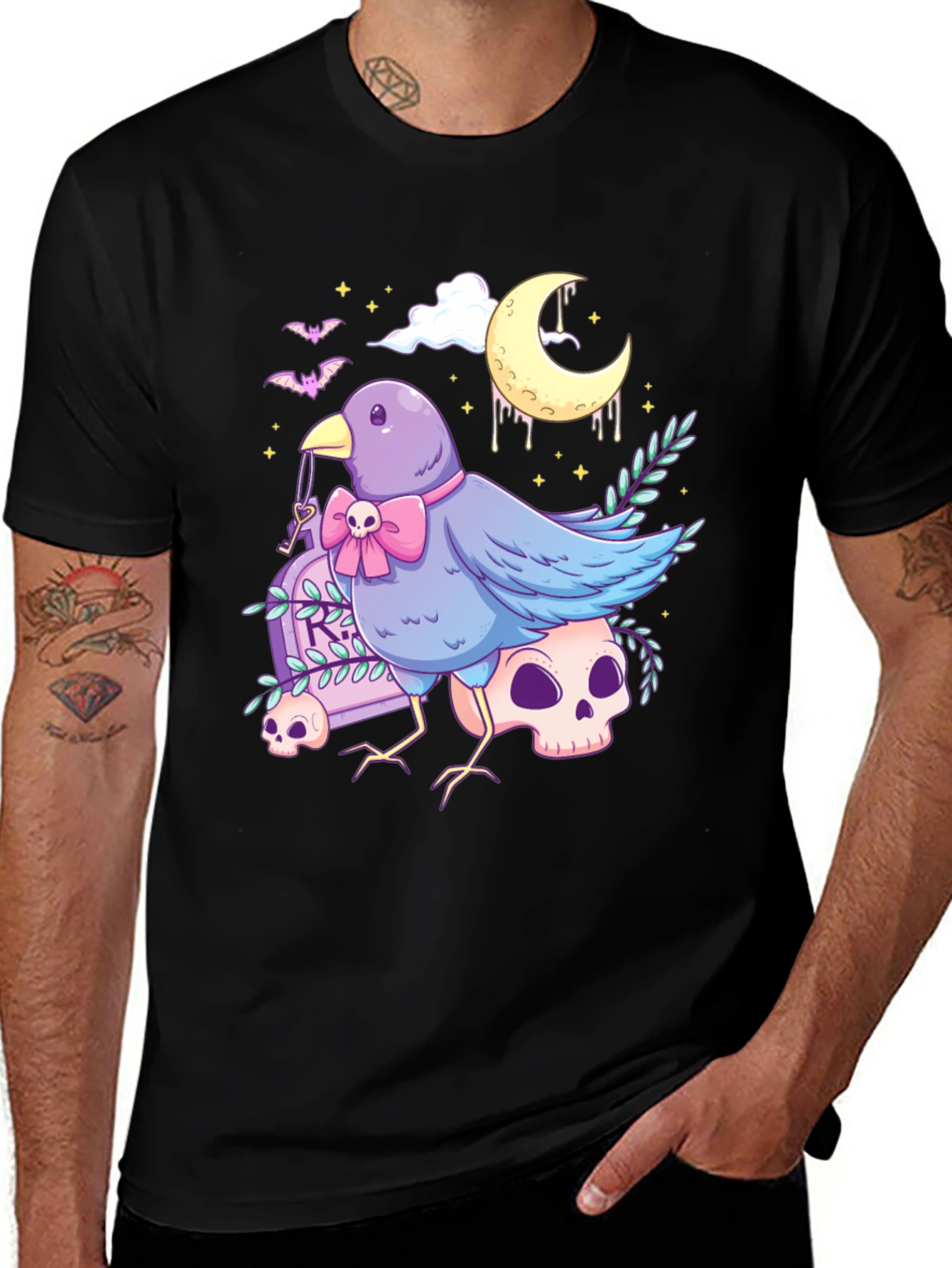 Gothic Bird Graphic Tee - Skull & Moon Design