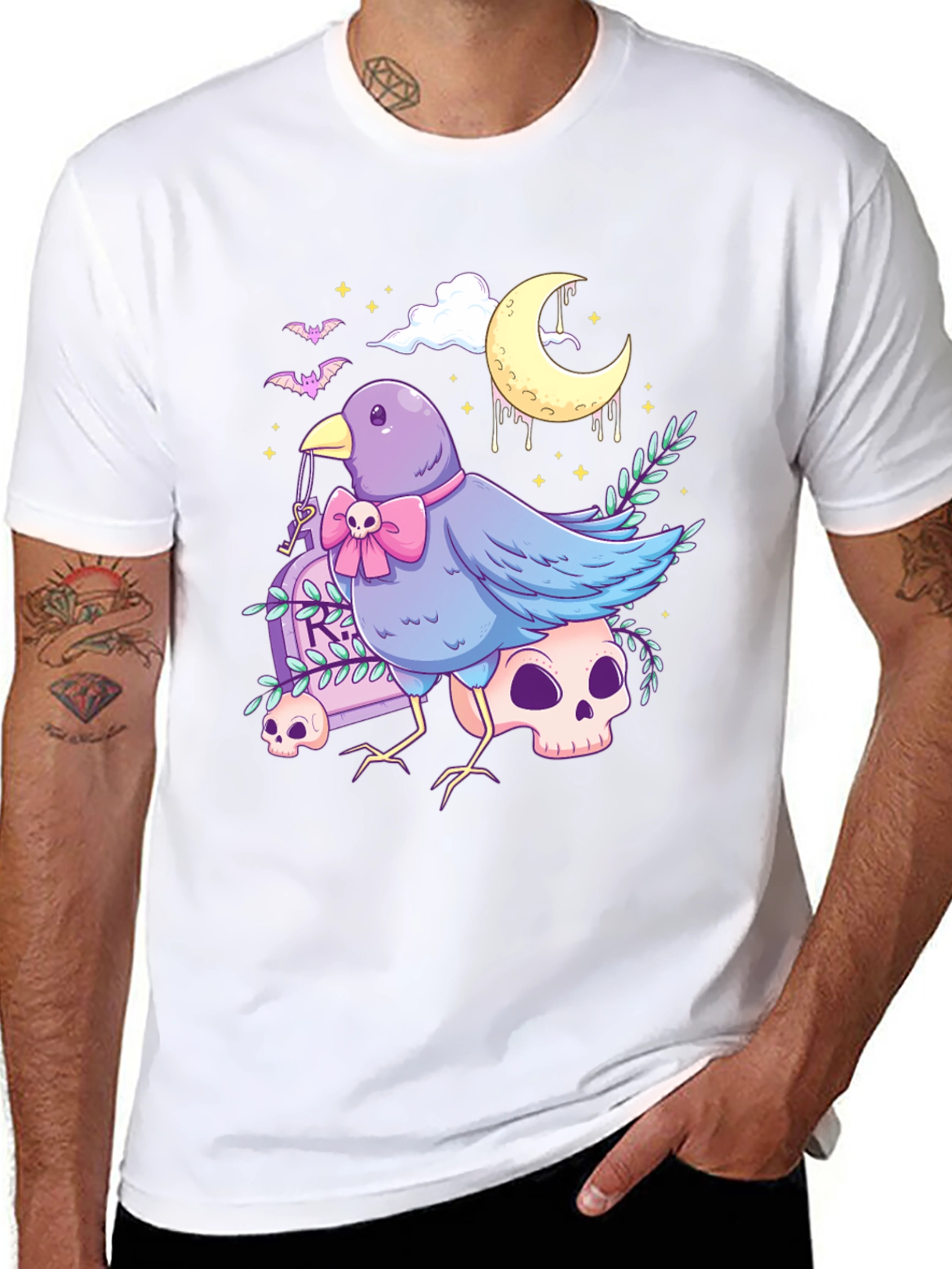 Gothic Bird Graphic Tee - Skull & Moon Design