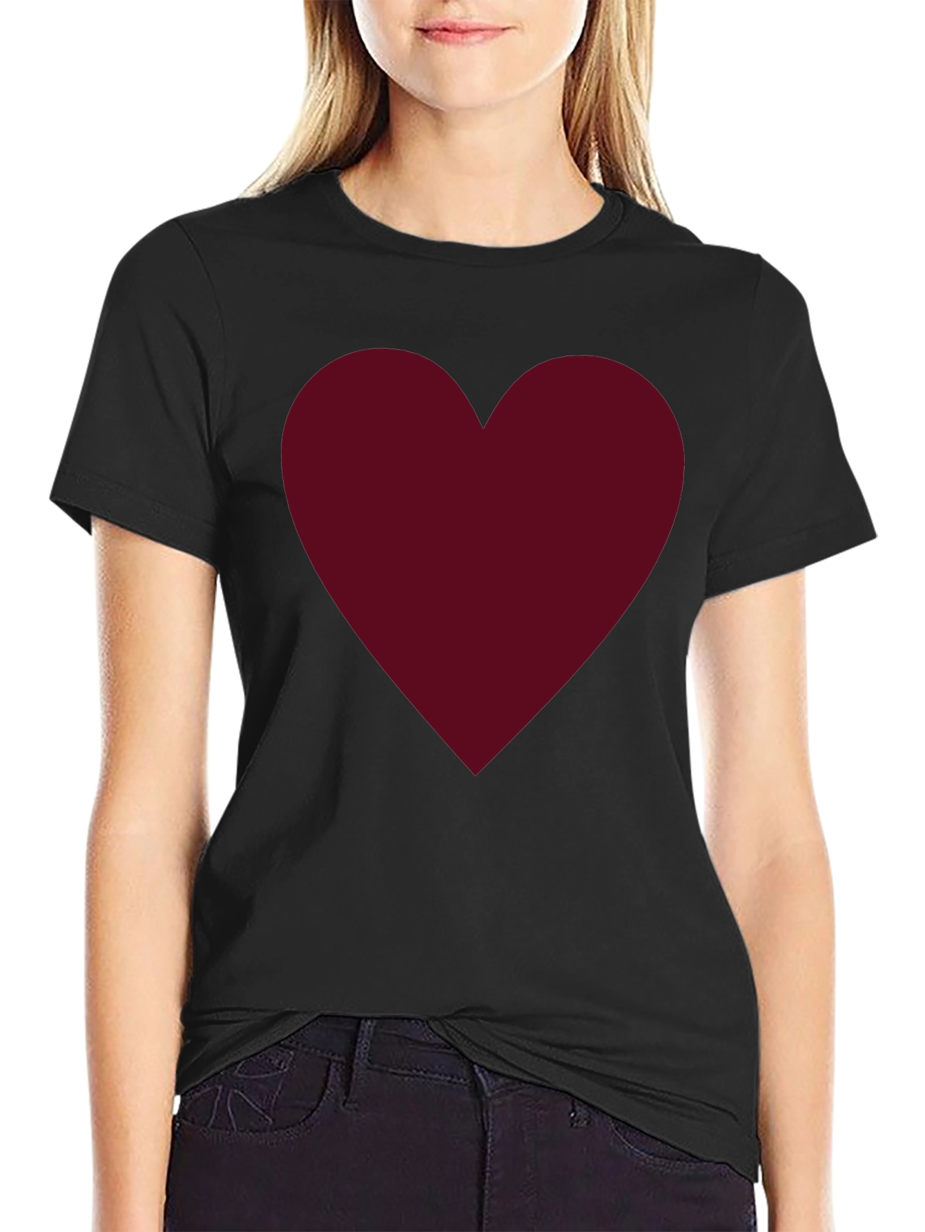 Burgundy Heart Graphic Black T-Shirt