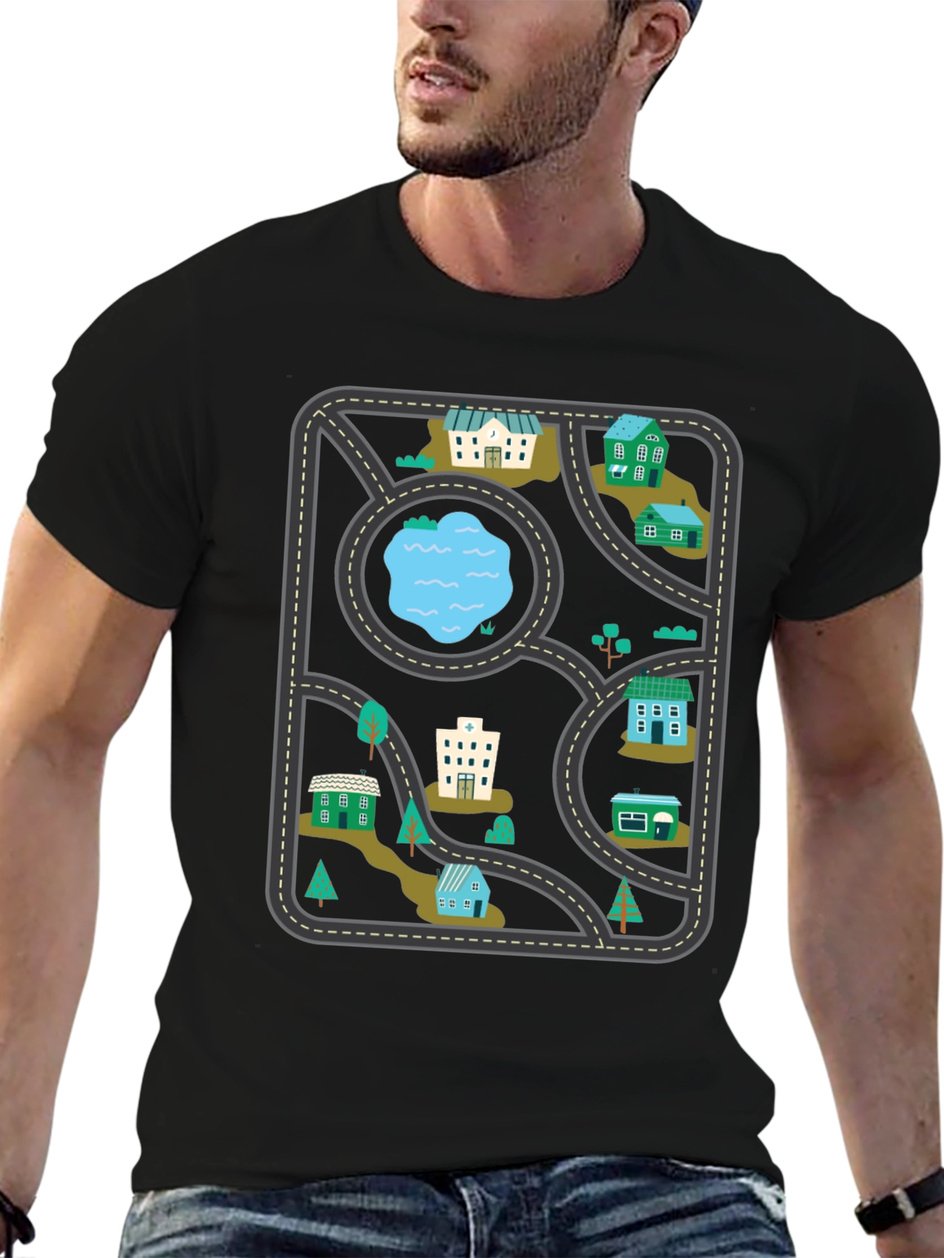 City Map Graphic Tee - Black Cotton T-Shirt