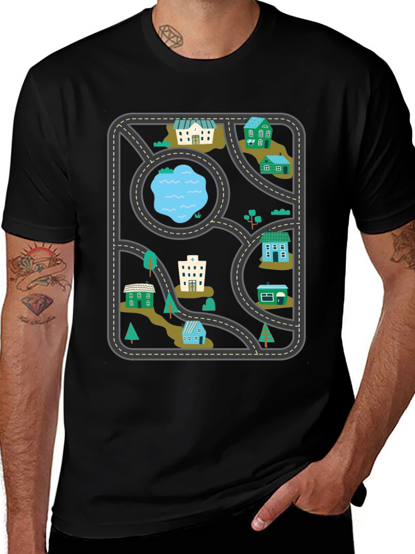 City Map Graphic Tee - Black Cotton T-Shirt