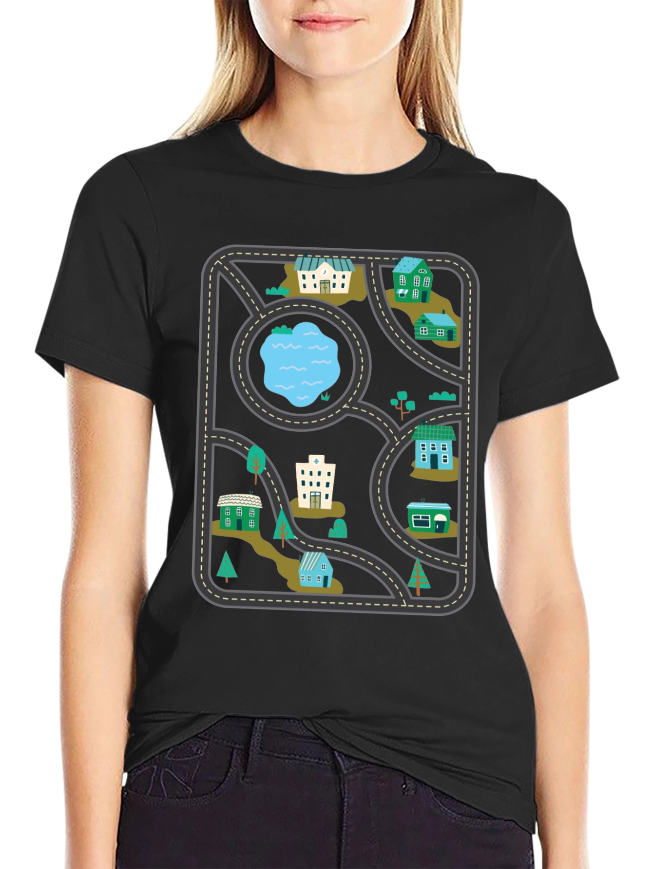 City Map Graphic Tee - Black Cotton T-Shirt