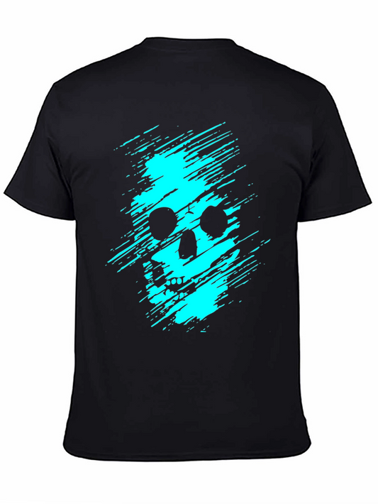 Edgy Skull Graphic Tee - Cyan on Black