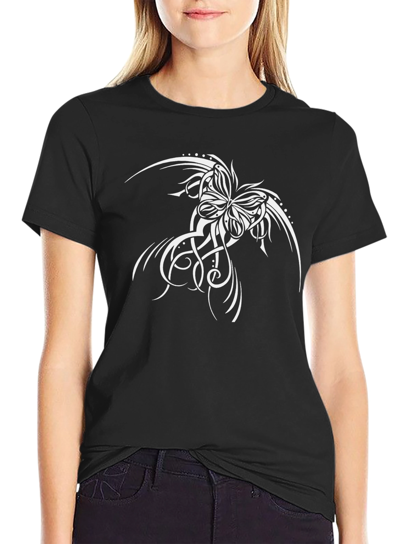 Black T-Shirt with Butterfly Tattoo Design
