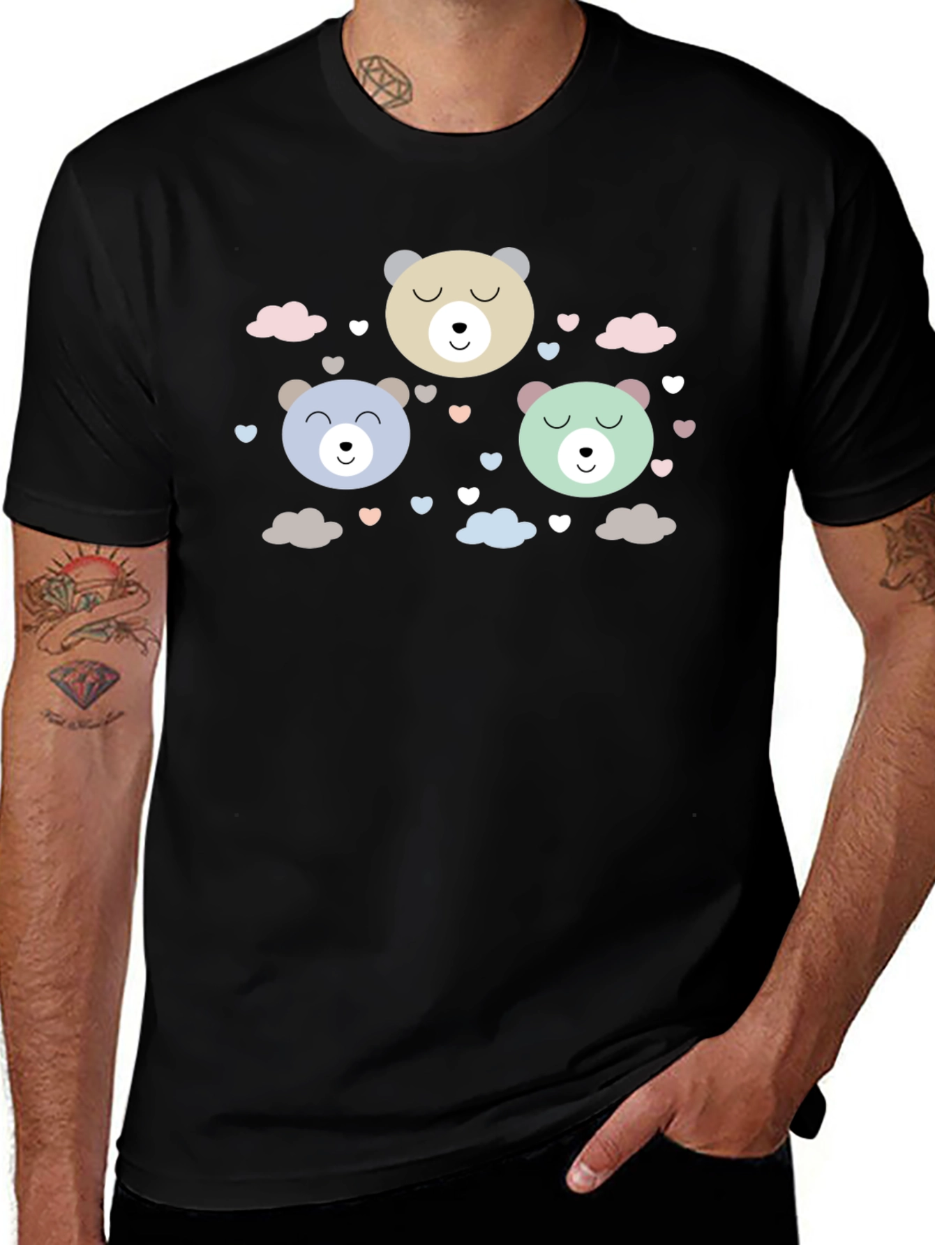 Cute Bear Print Black T-Shirt