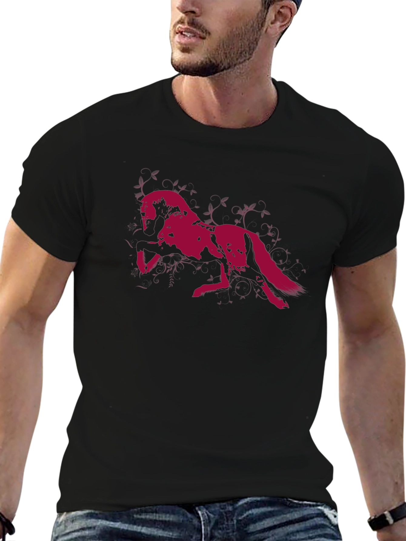 Black T-Shirt with Running Wolf Graphic