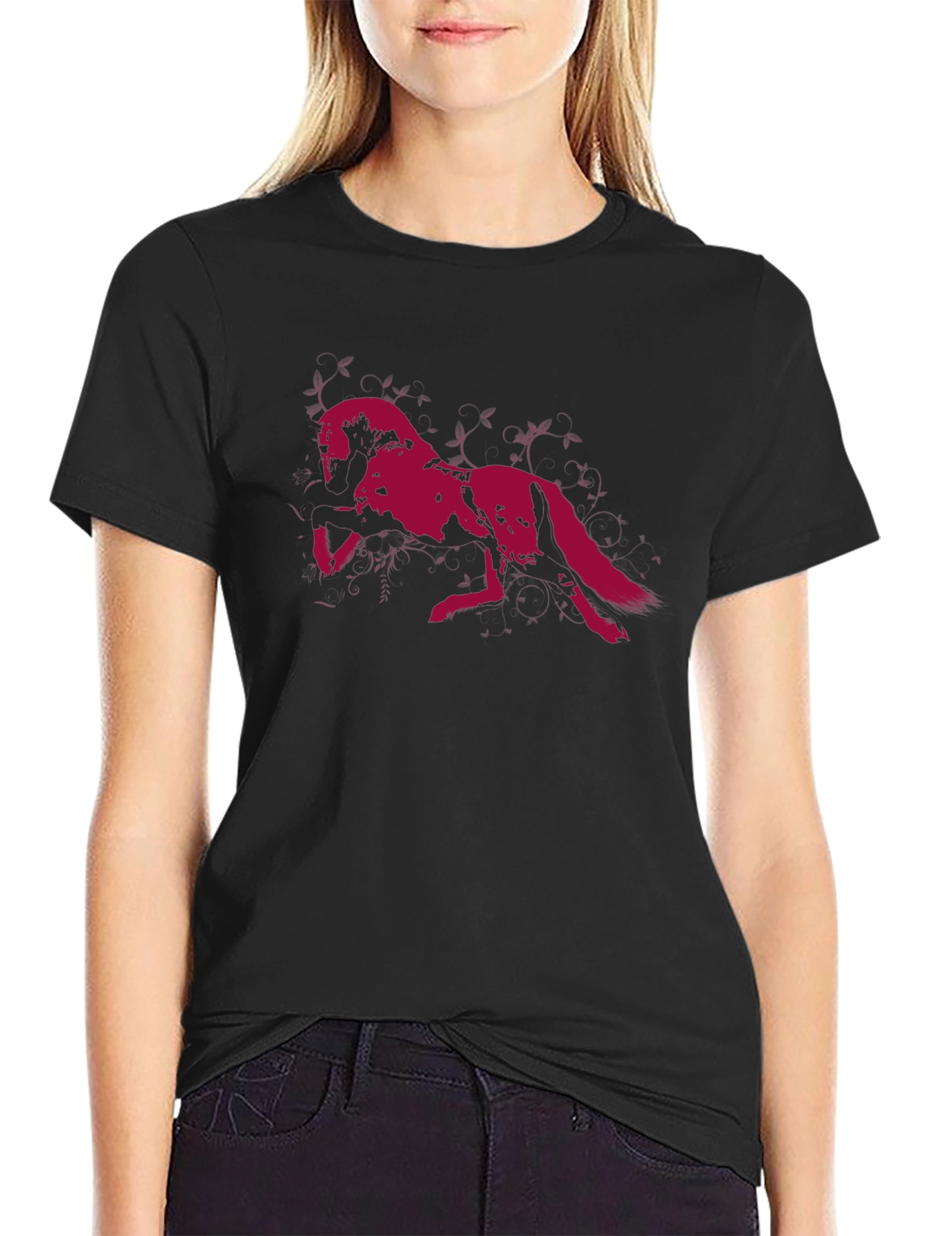 Black T-Shirt with Running Wolf Graphic