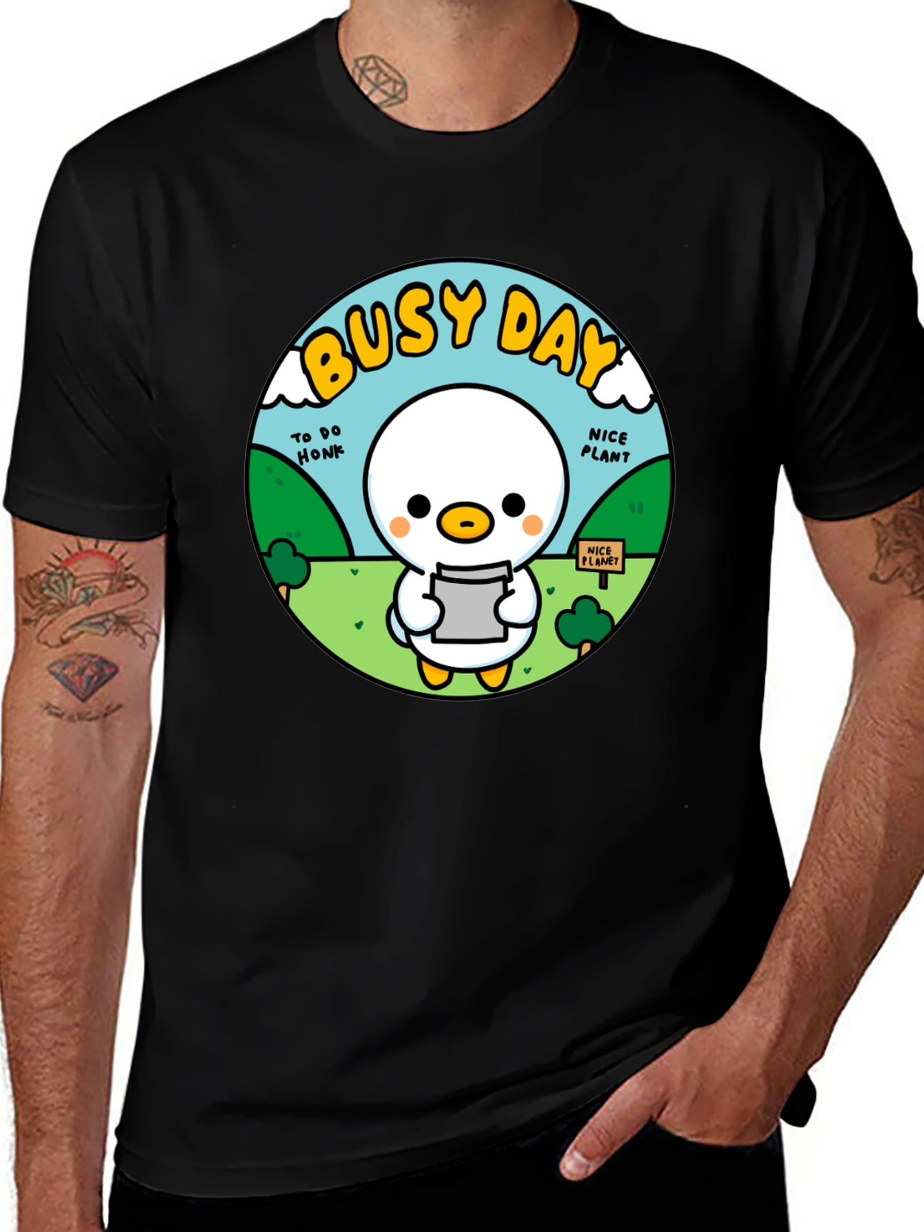 Busy Day Duck Graphic Tee - Soft Black Cotton