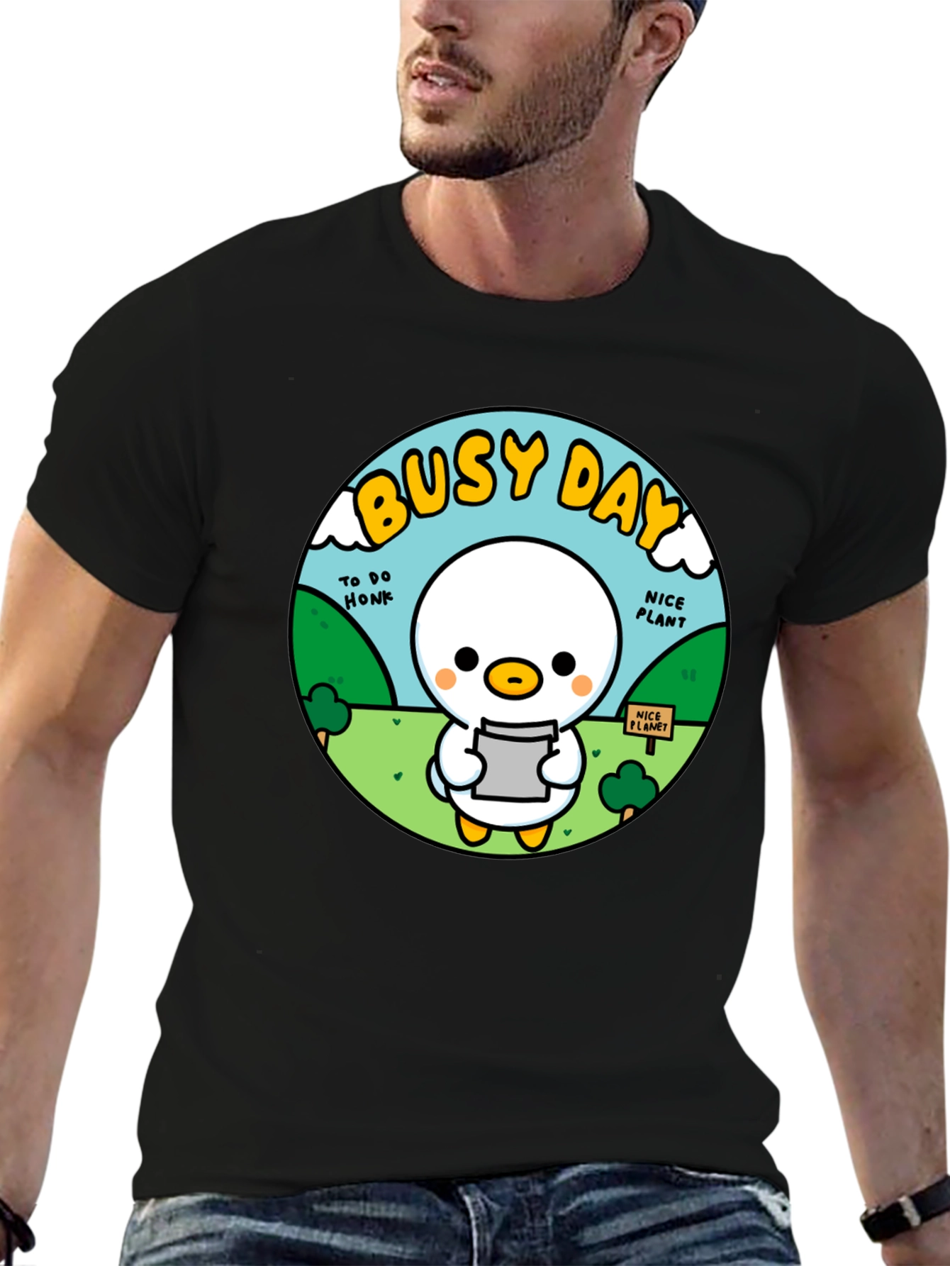 Busy Day Duck Graphic Tee - Soft Black Cotton