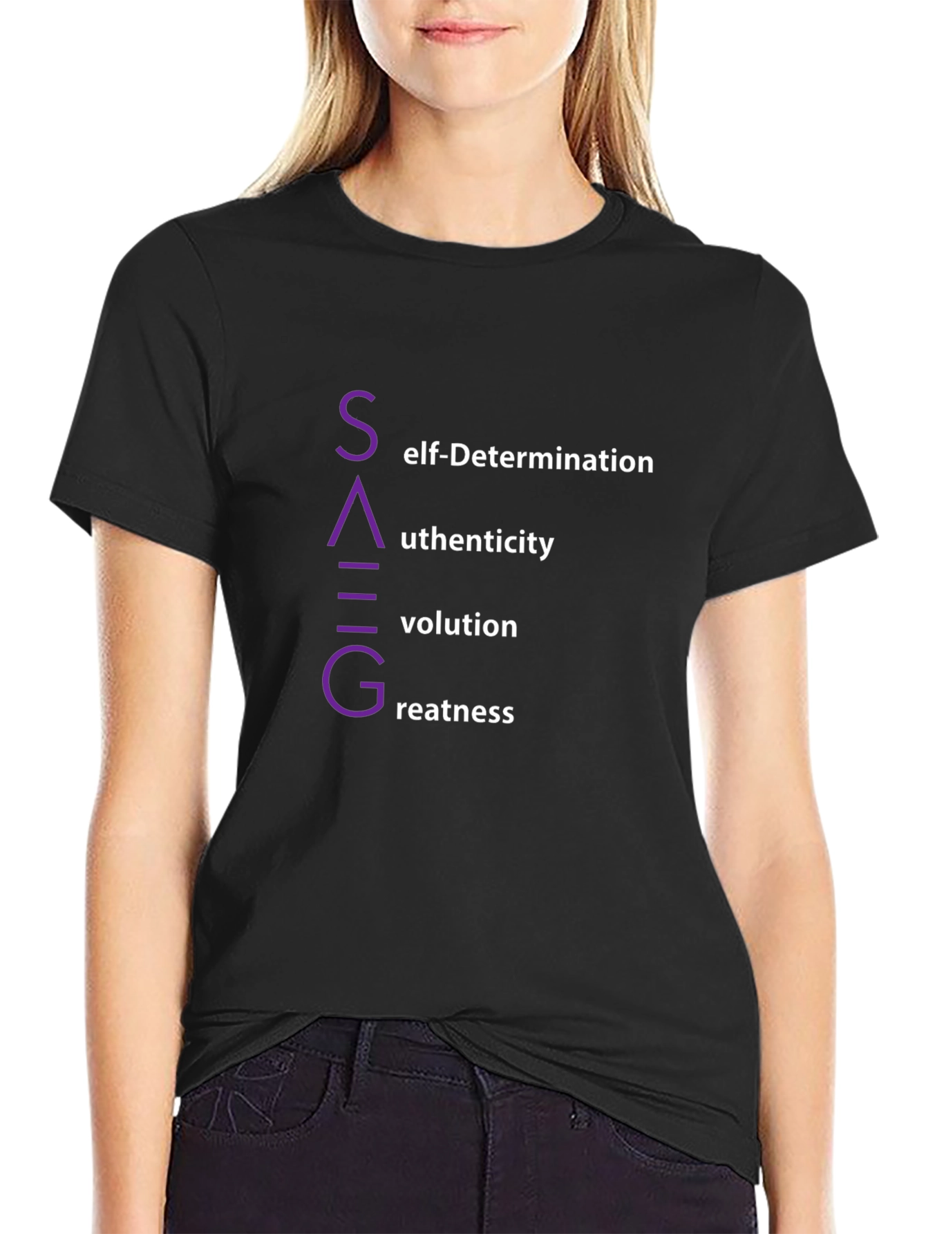 SAGVG Black T-Shirt: Self-Determination Authenticity Evolution Greatness