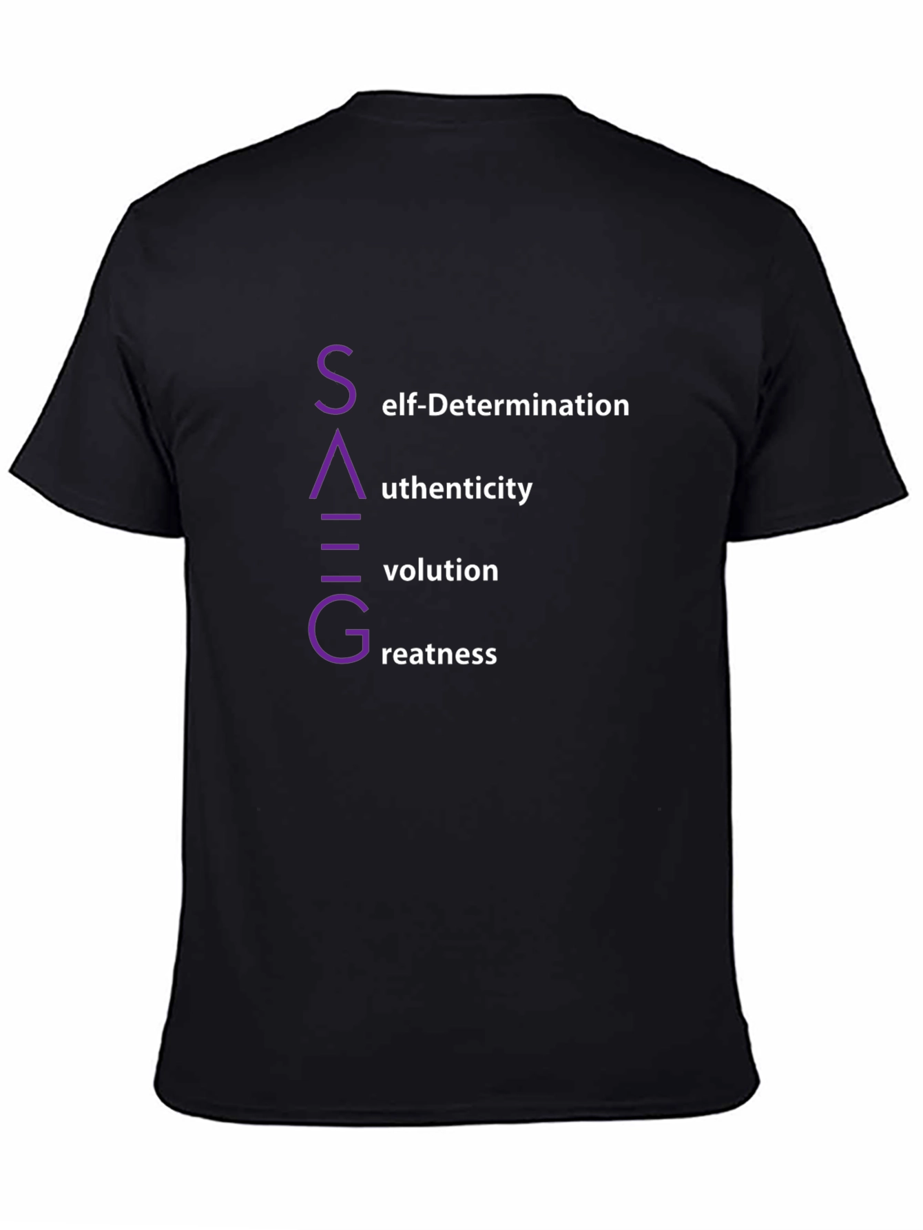 SAGVG Black T-Shirt: Self-Determination Authenticity Evolution Greatness