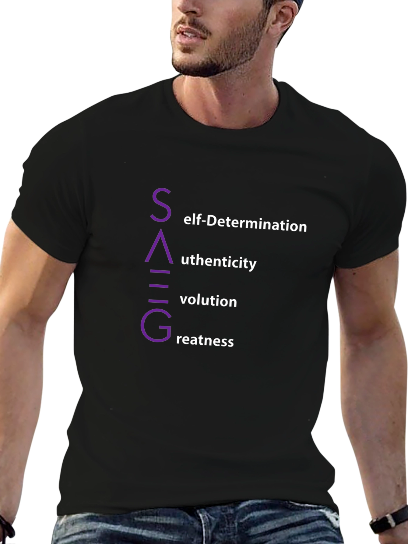 SAGVG Black T-Shirt: Self-Determination Authenticity Evolution Greatness