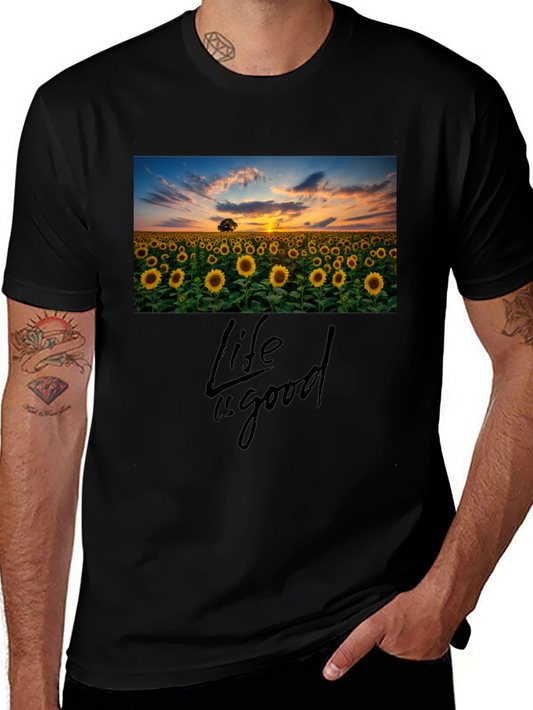 Sunflower Field Life is Good Black T-Shirt