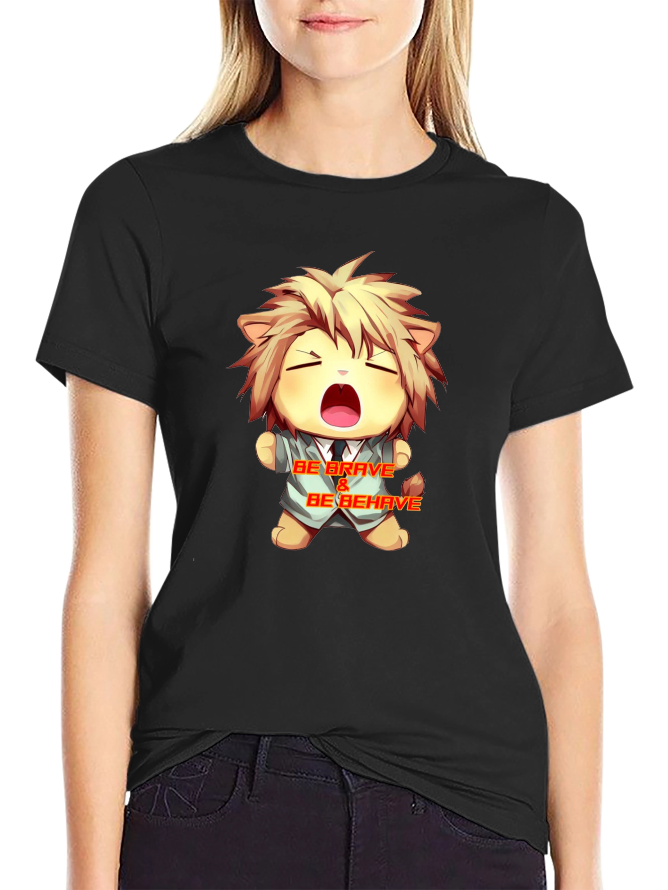 Be Brave Cartoon Lion Graphic Tee - Black