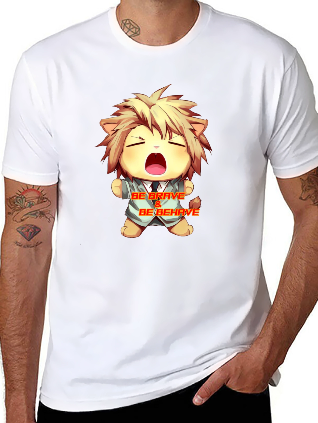 Be Brave Cartoon Lion Graphic Tee - Black
