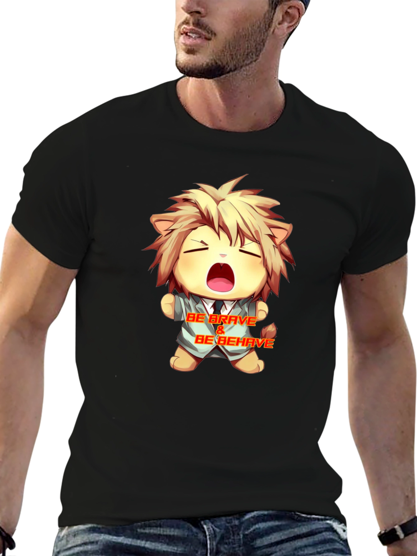 Be Brave Cartoon Lion Graphic Tee - Black