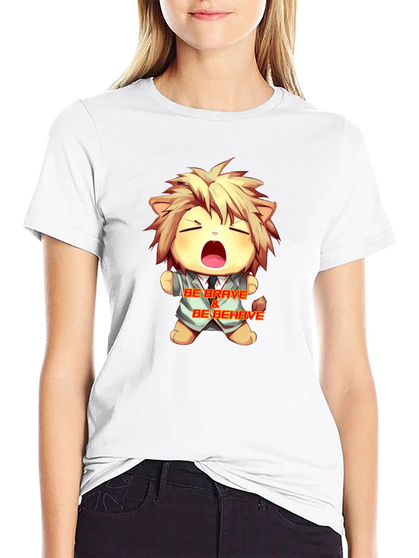 Be Brave Cartoon Lion Graphic Tee - Black