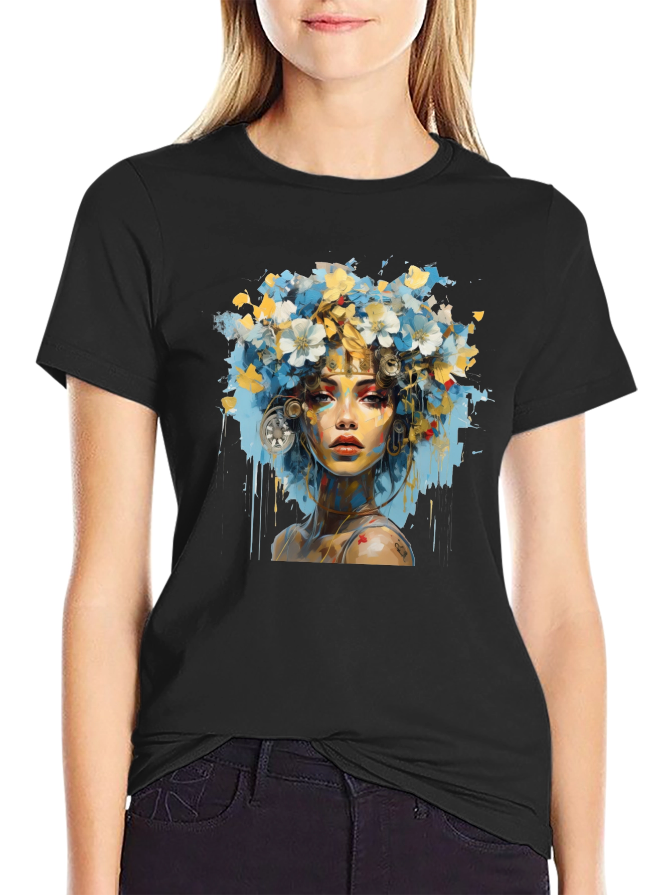 Floral Woman Graphic Black T-Shirt