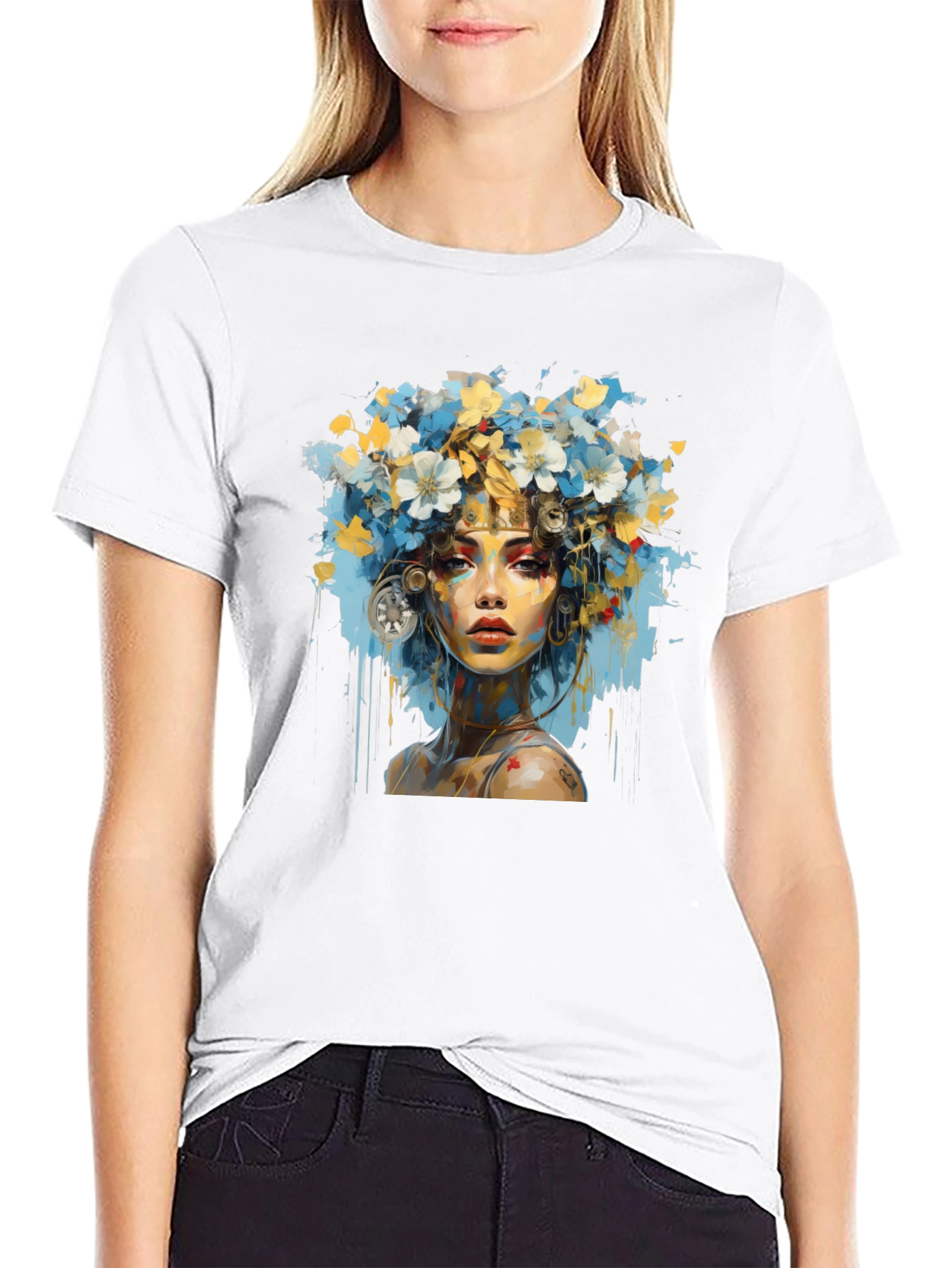 Floral Woman Graphic Black T-Shirt