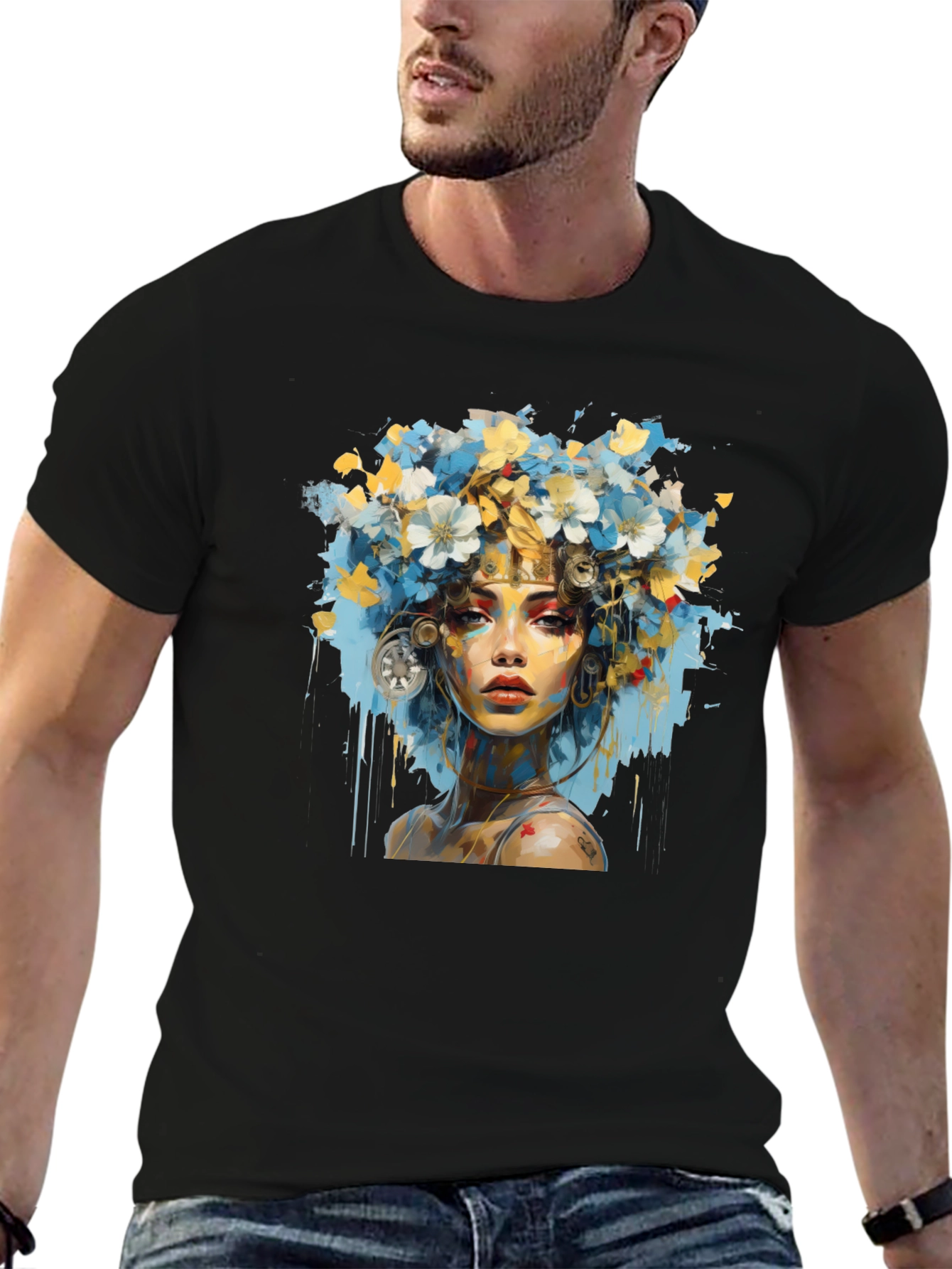 Floral Woman Graphic Black T-Shirt