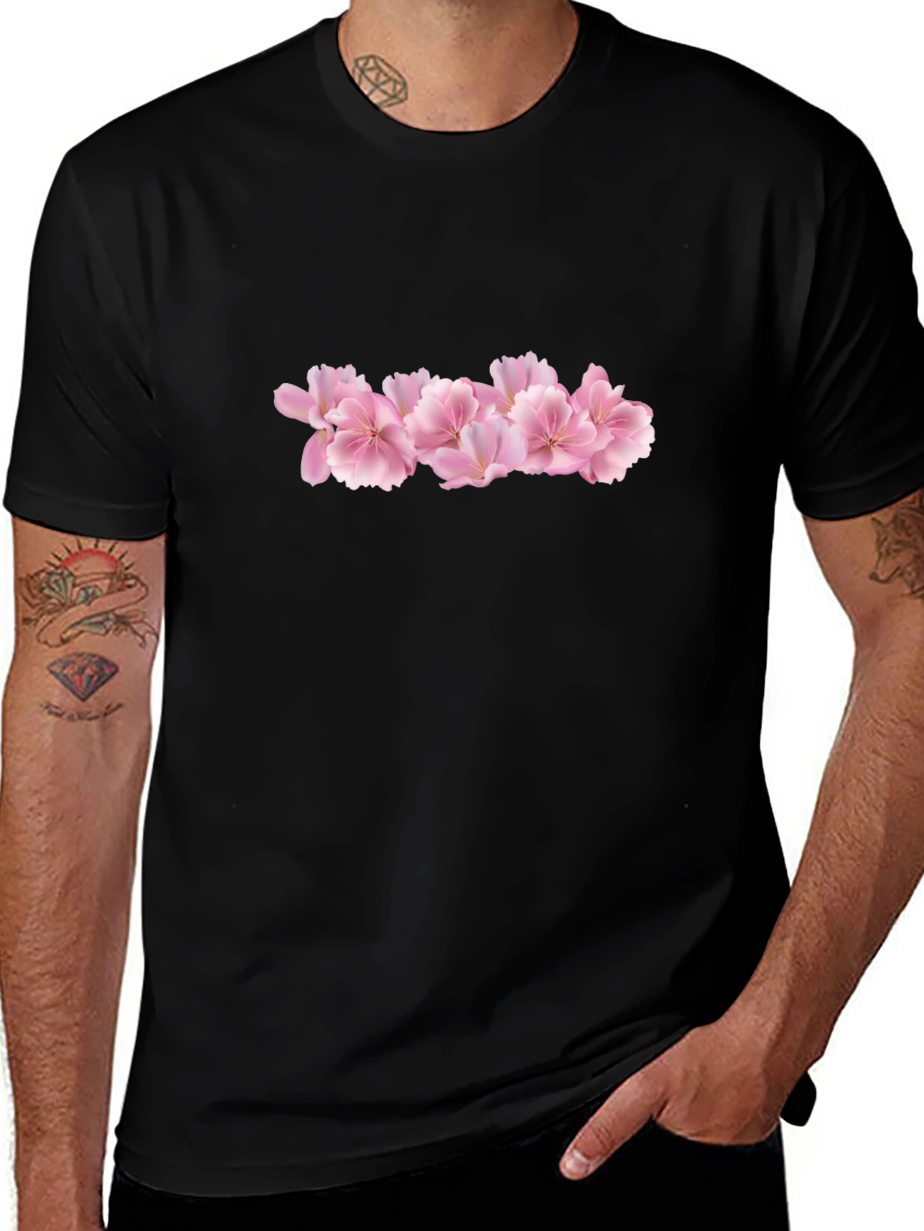 Black Tee with Pink Flower Graphic