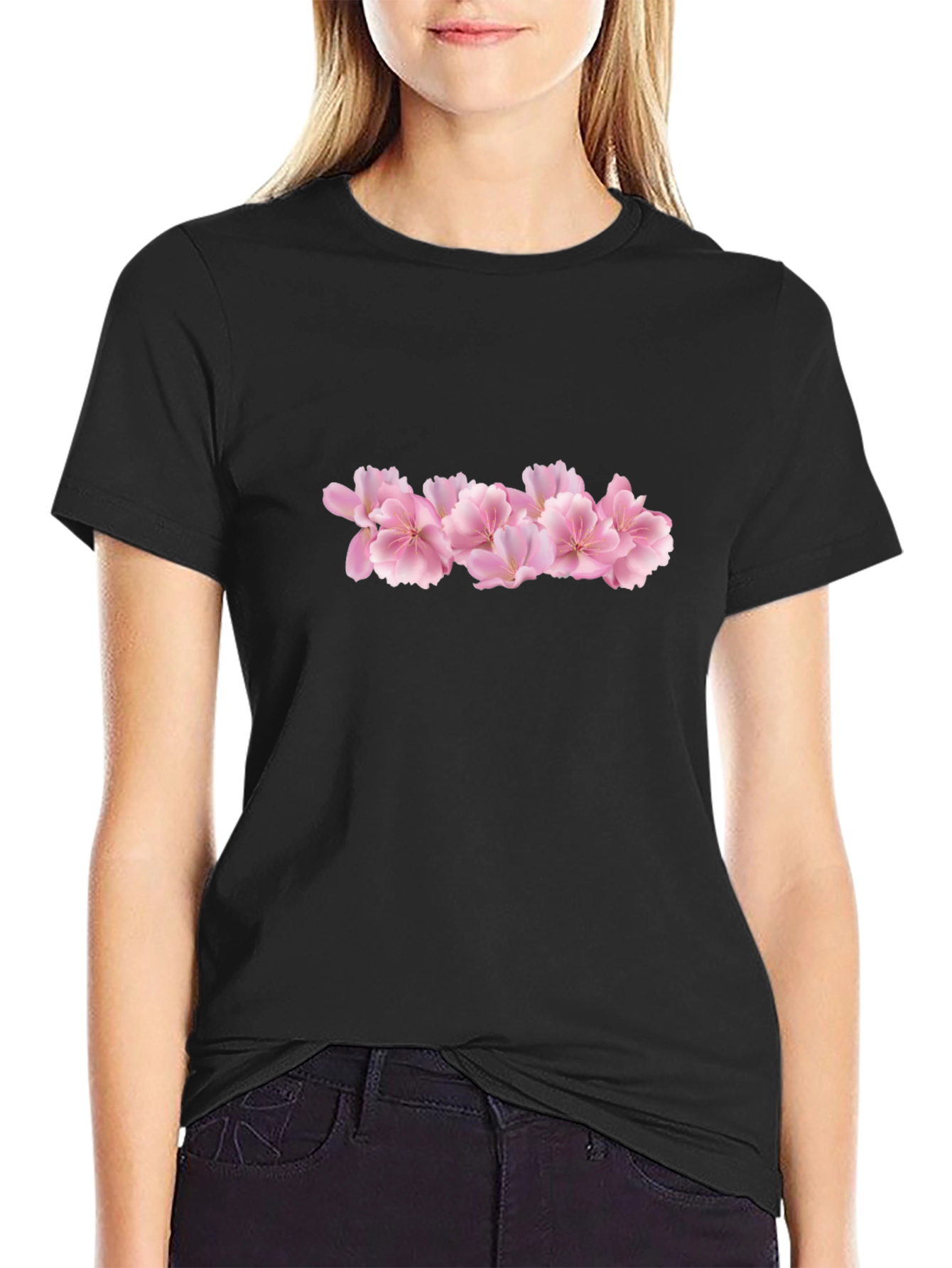 Black Tee with Pink Flower Graphic