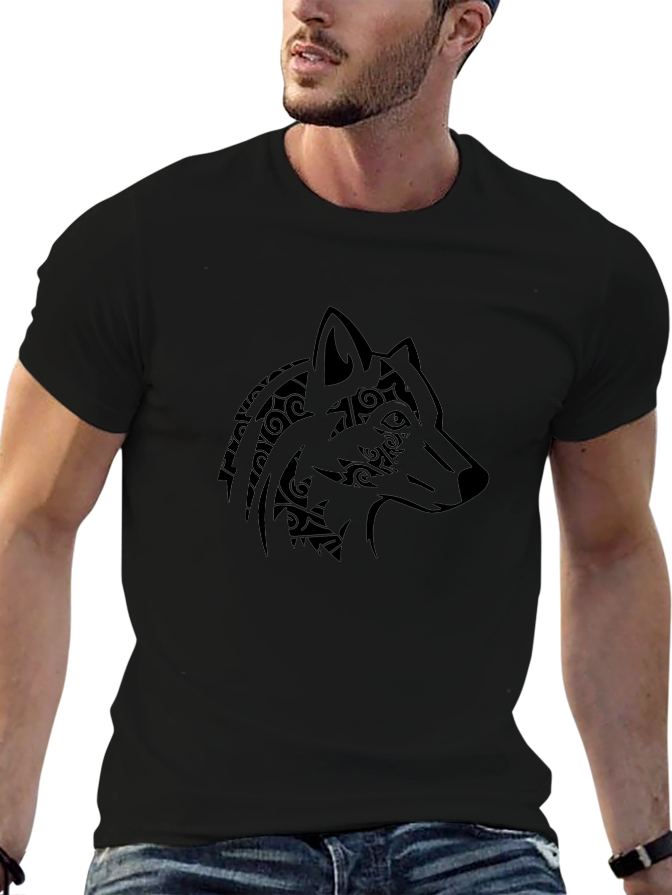 Tribal Wolf Head Graphic Mens Black T-Shirt