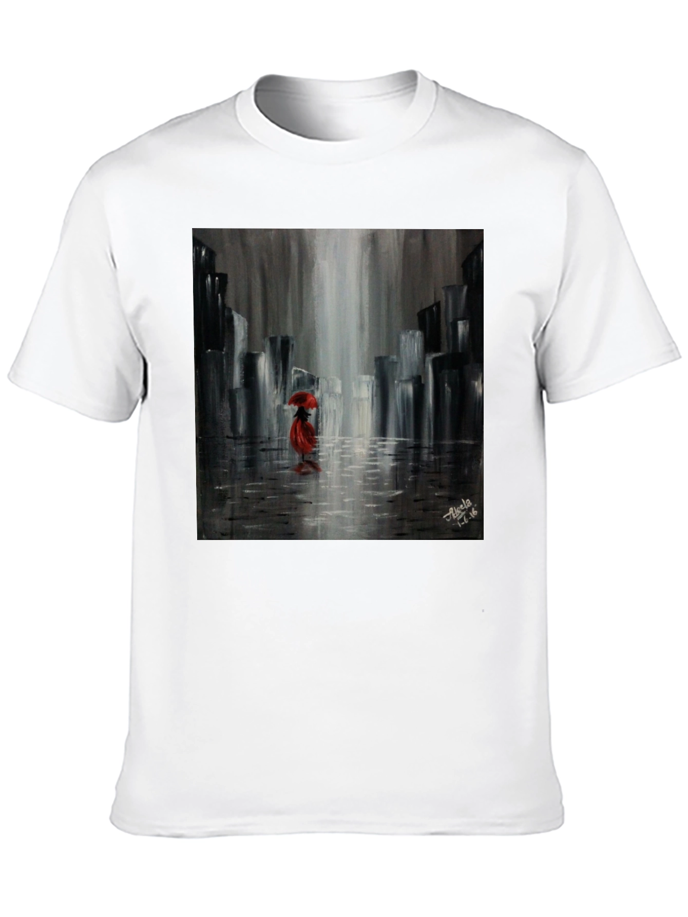 Red Umbrella Cityscape Graphic Tee - Black