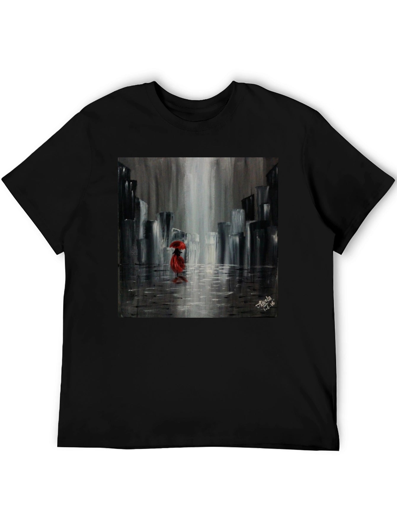 Red Umbrella Cityscape Graphic Tee - Black