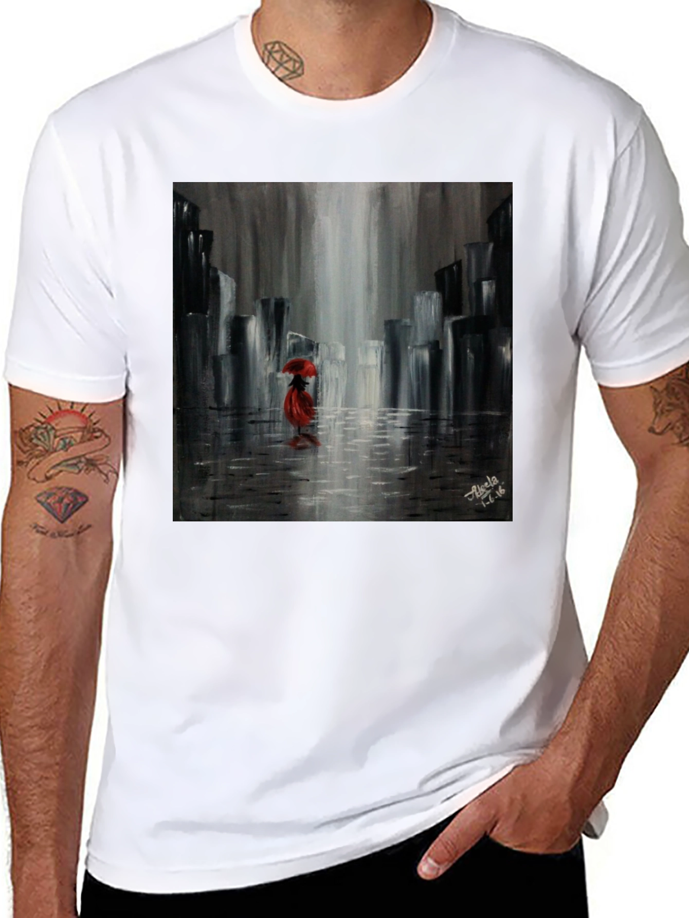 Red Umbrella Cityscape Graphic Tee - Black