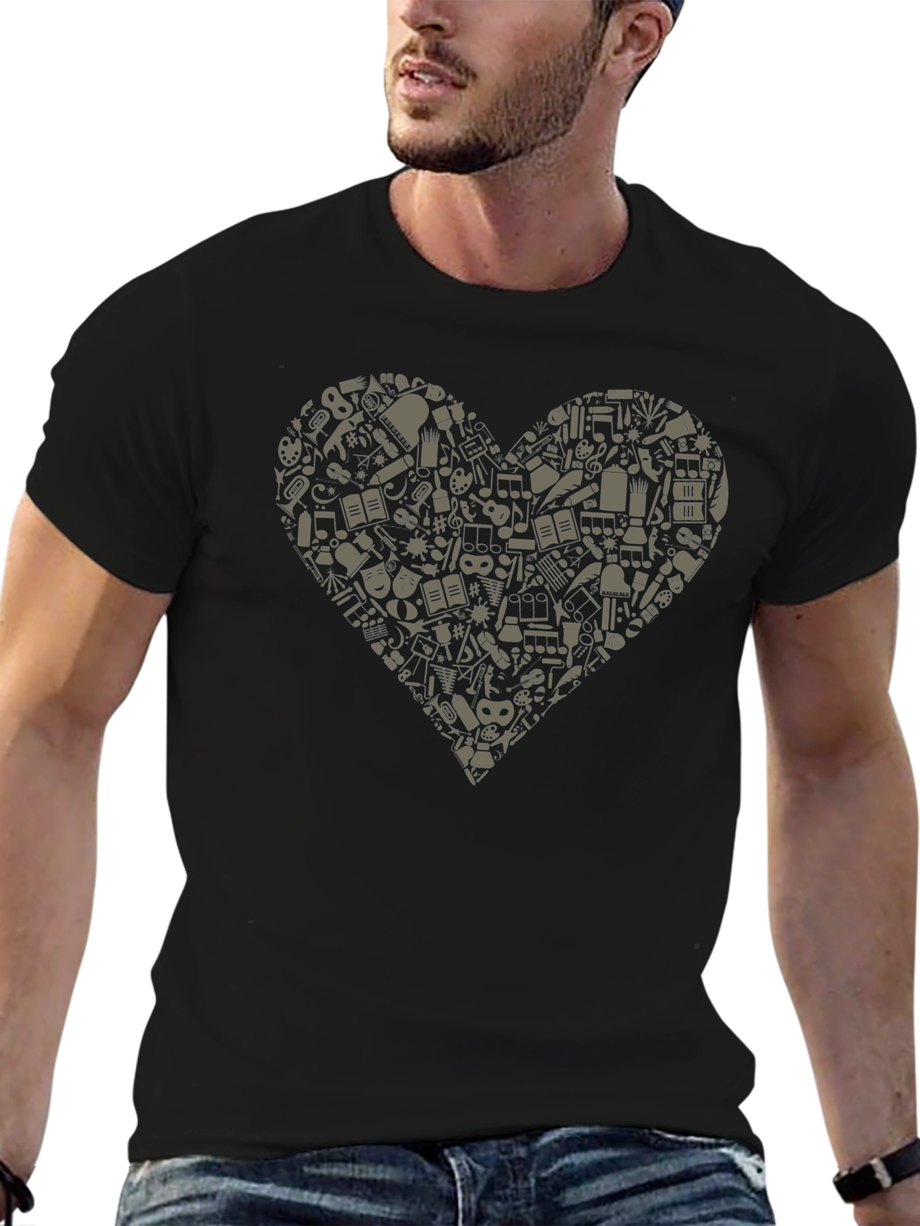 Musical Heart Graphic Tee - Black Cotton T-Shirt