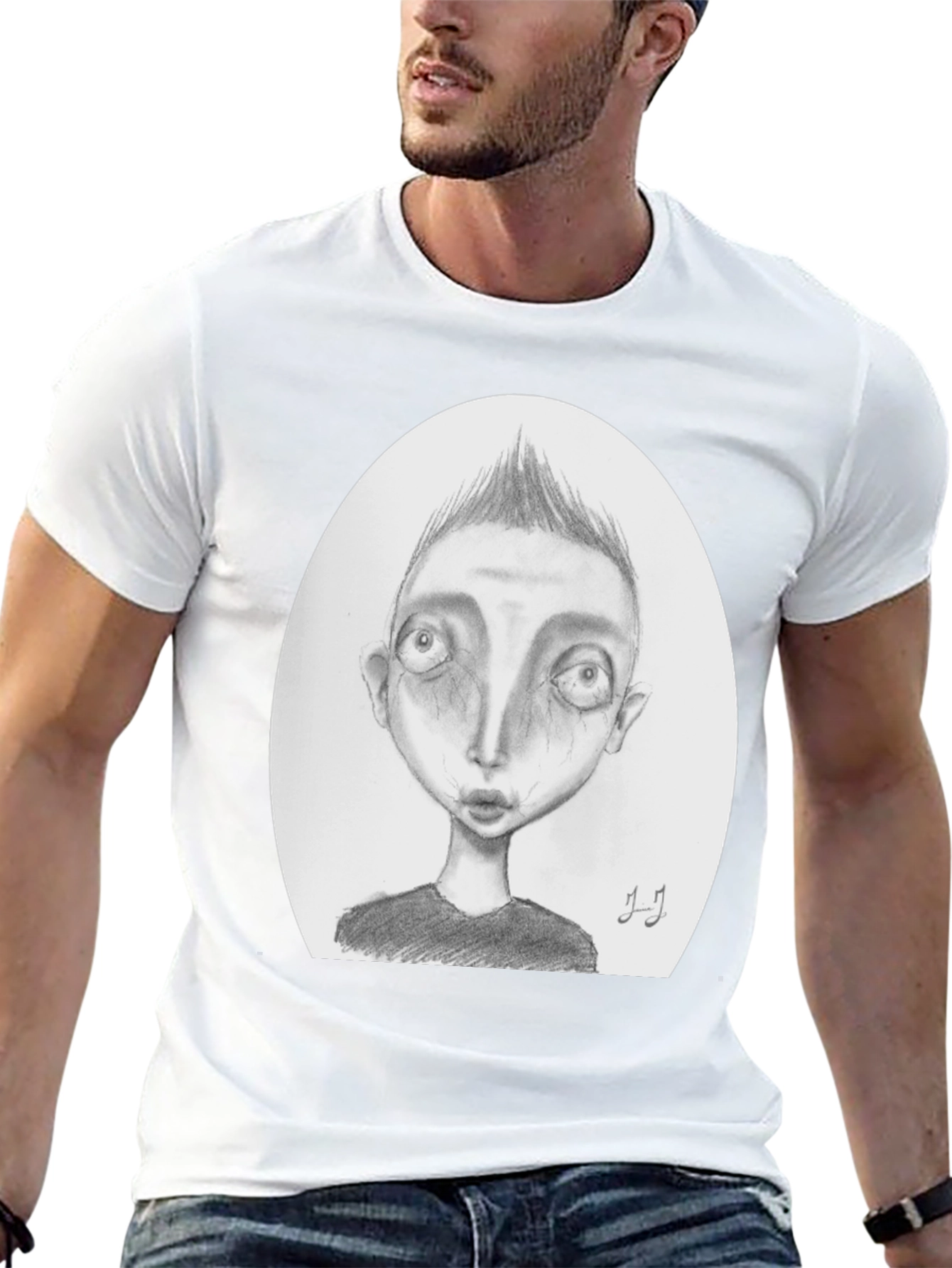 Unique Graphic Tee: Sketch Face Black T-Shirt