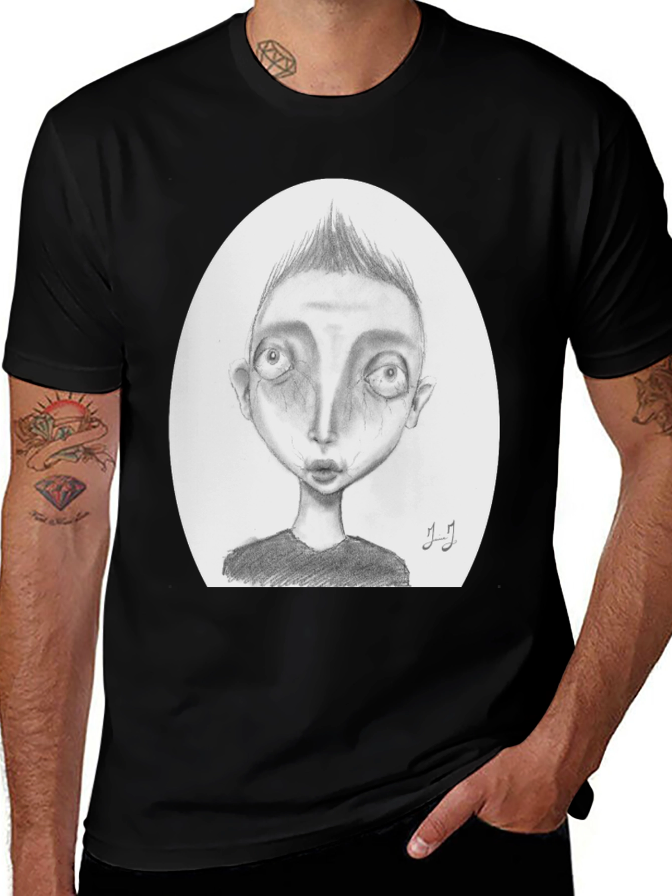Unique Graphic Tee: Sketch Face Black T-Shirt