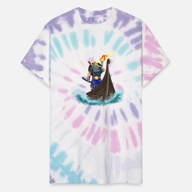 Viking king in Viking ship with torch and axe