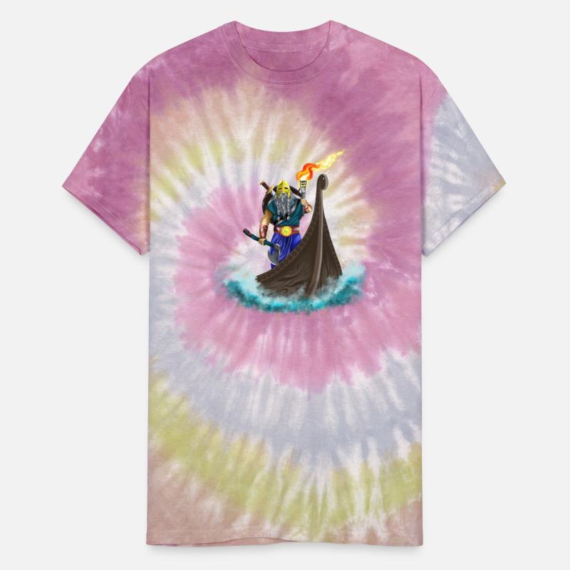 Viking king in Viking ship with torch and axe