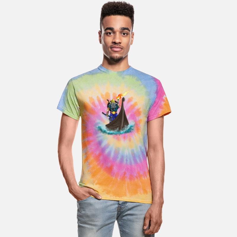 Viking king in Viking ship with torch and axe