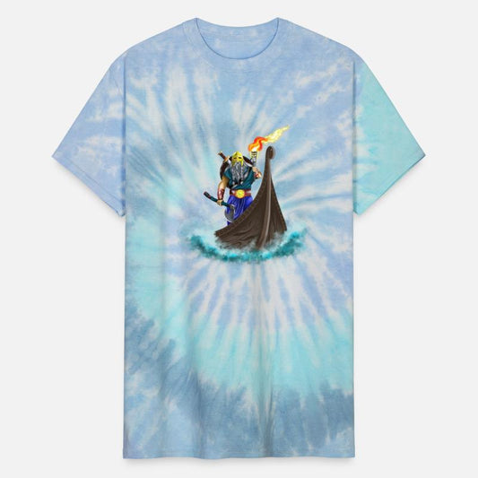 Viking king in Viking ship with torch and axe